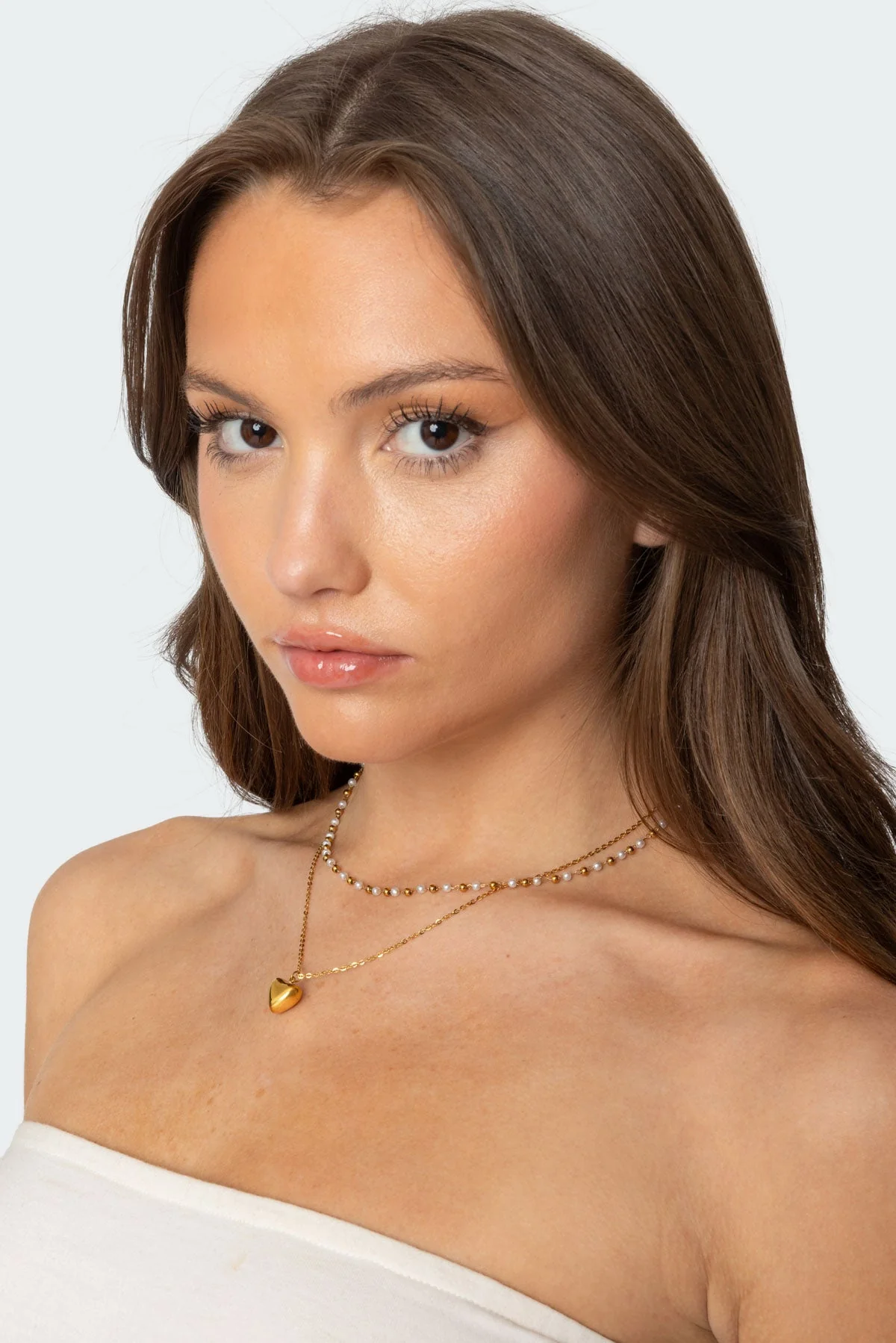 Layered Heart Pendant Necklace - Gold Tone
