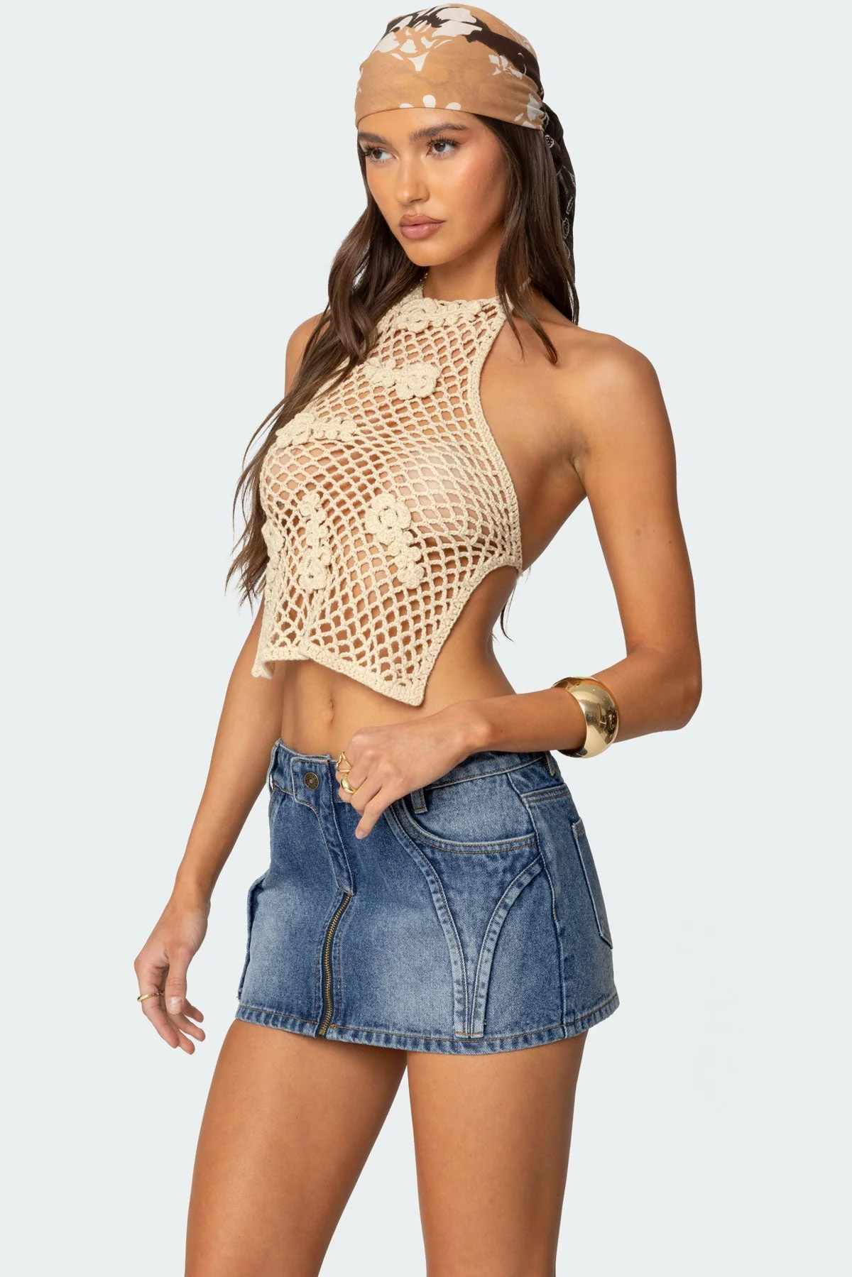 Beige Crochet Backless Knitted Top