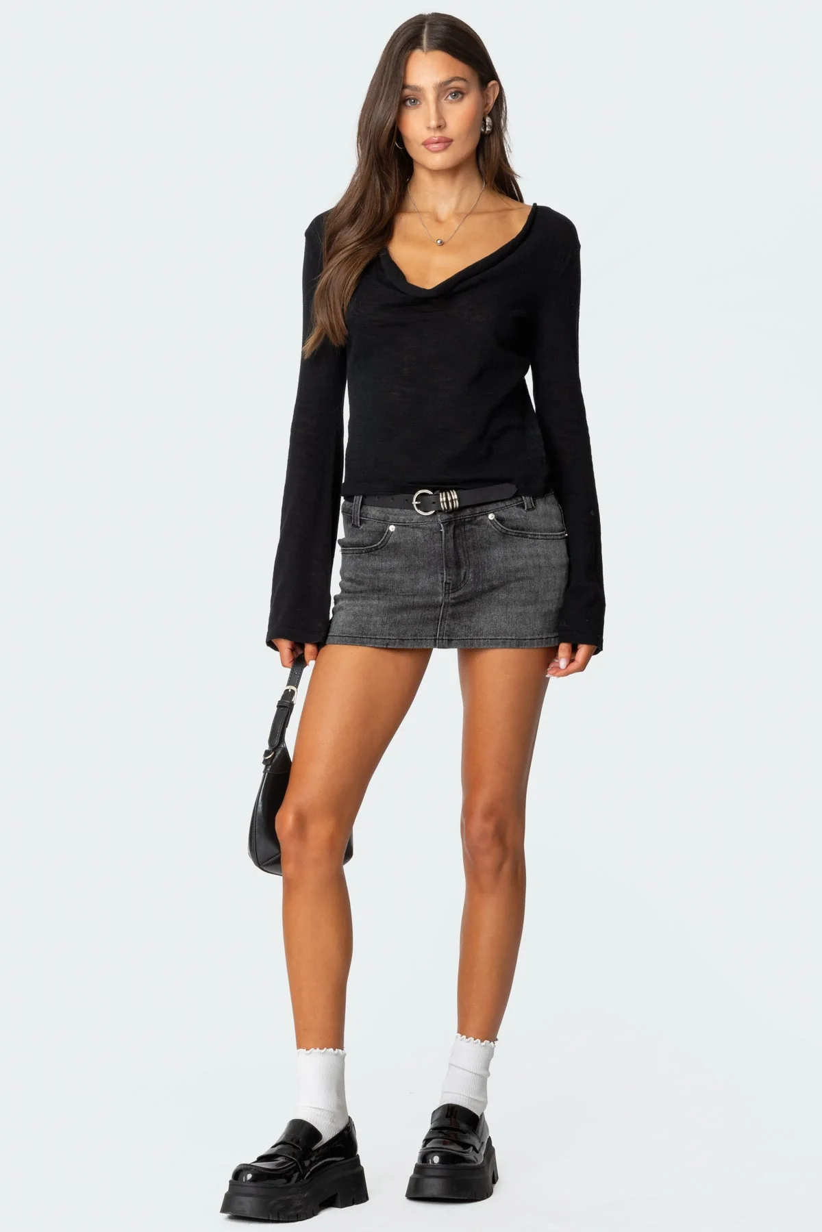 Stretchy Denim Mini Skirt - Black Washed