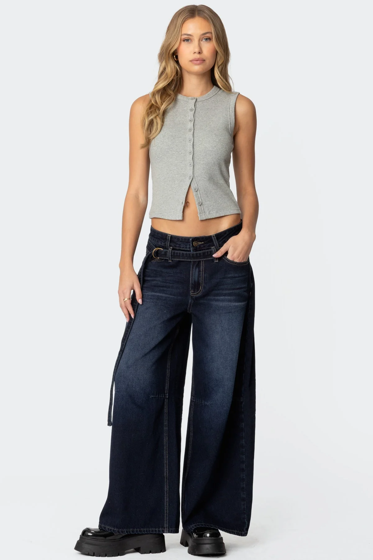 Indigo Blue Denim Super Baggy Belted Jeans