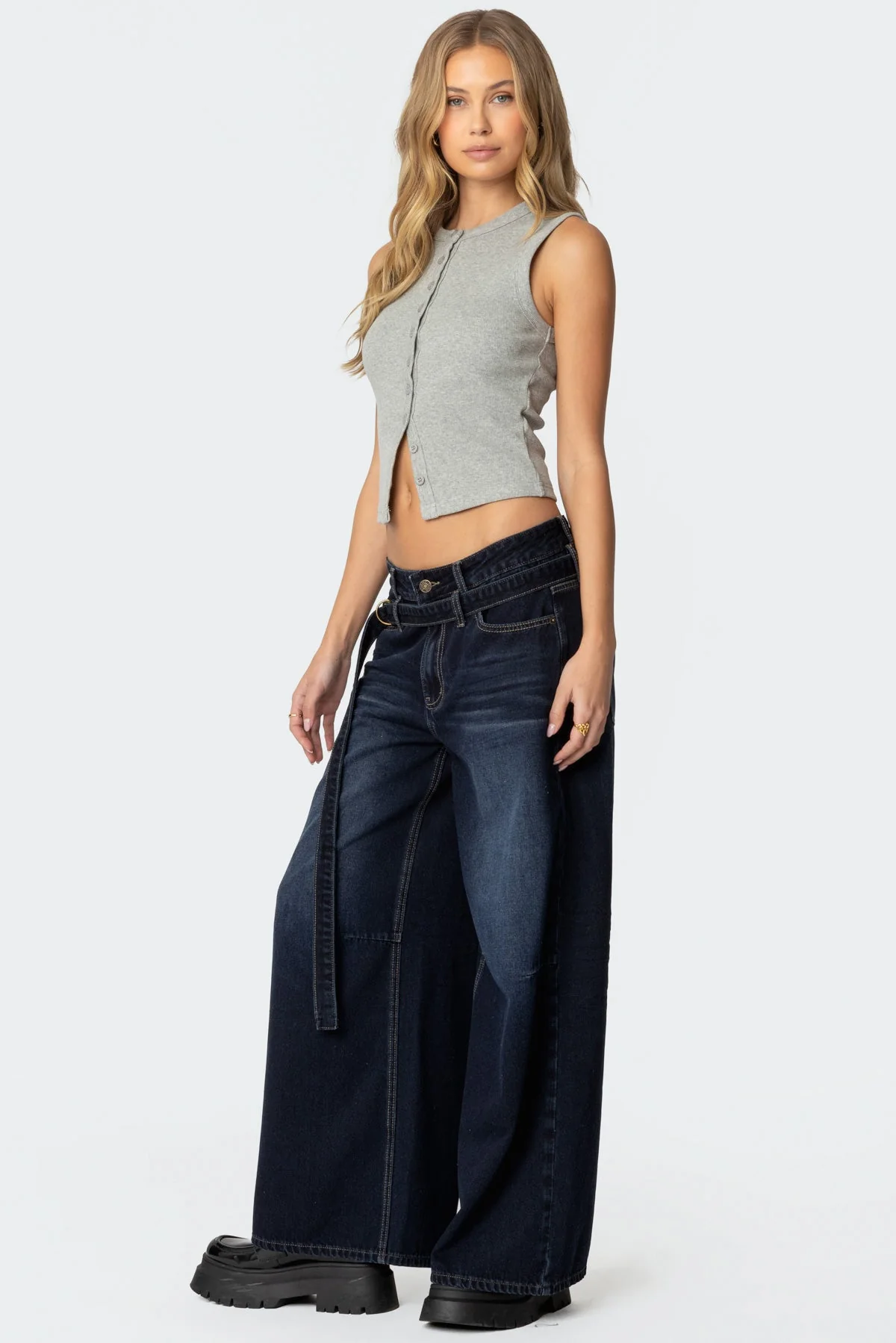 Indigo Blue Denim Super Baggy Belted Jeans