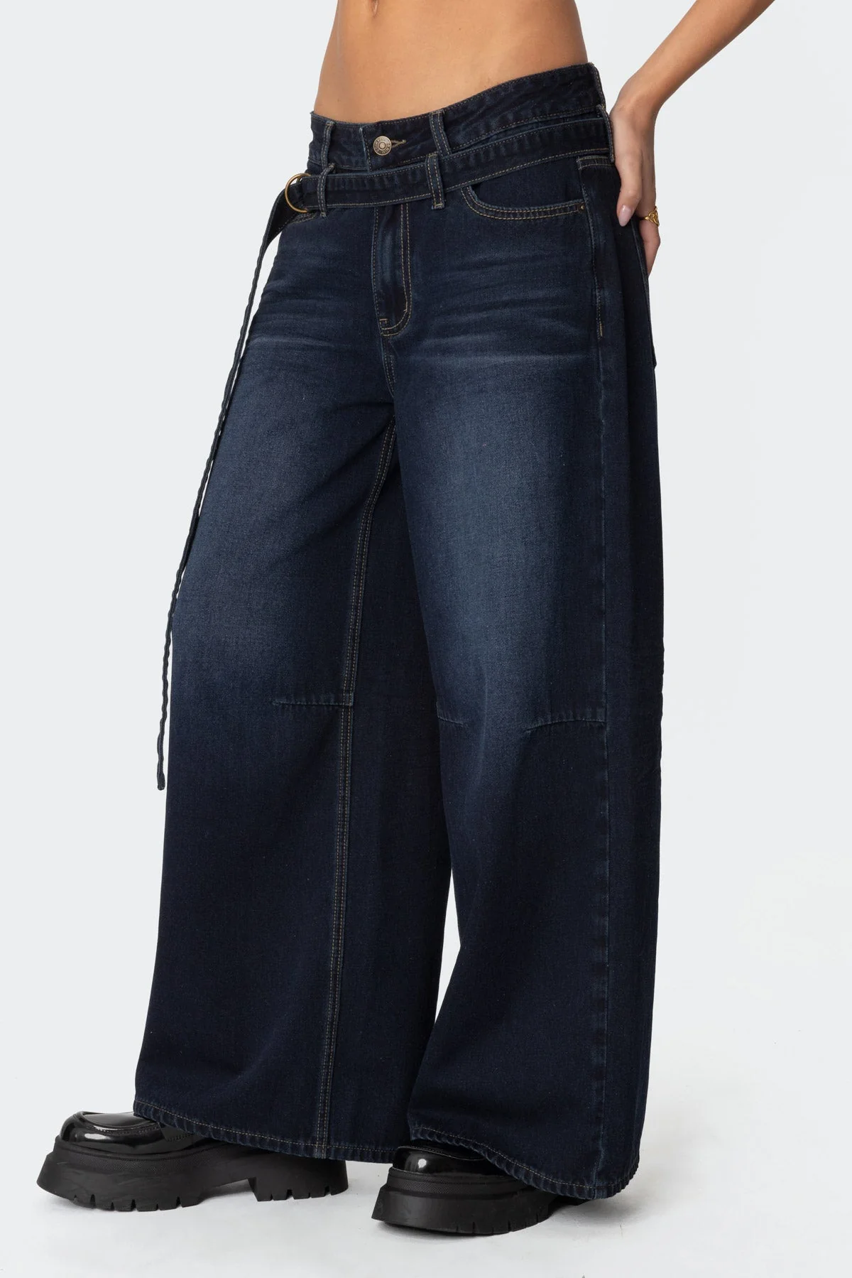 Indigo Blue Denim Super Baggy Belted Jeans