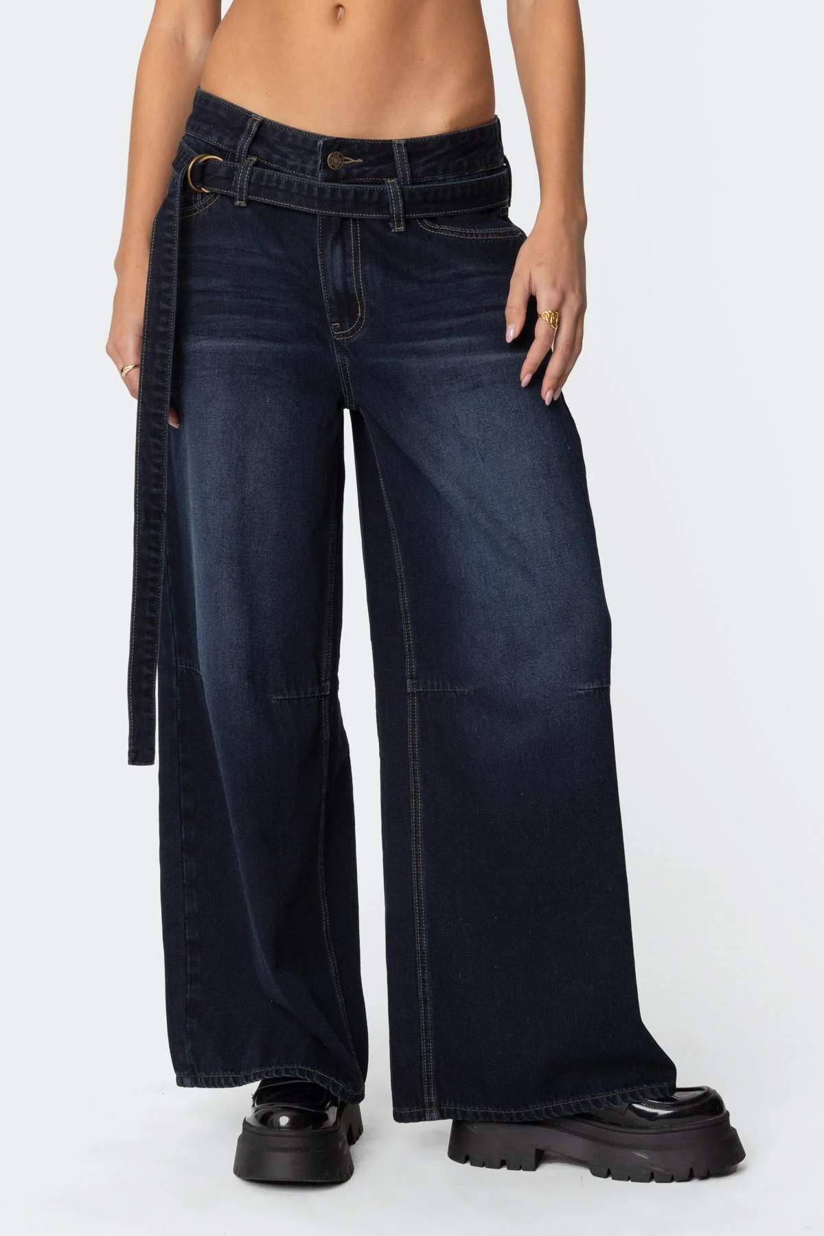 Indigo Blue Denim Super Baggy Belted Jeans