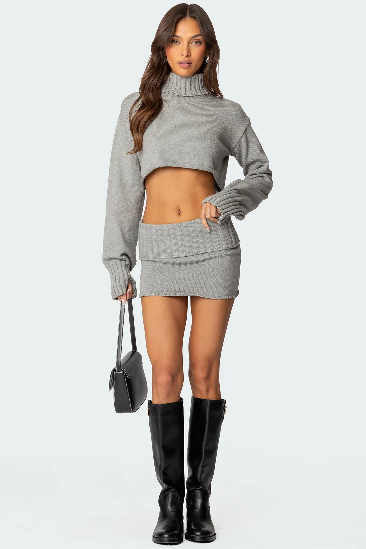 Knit Fold Mini Skirt in Gray Melange