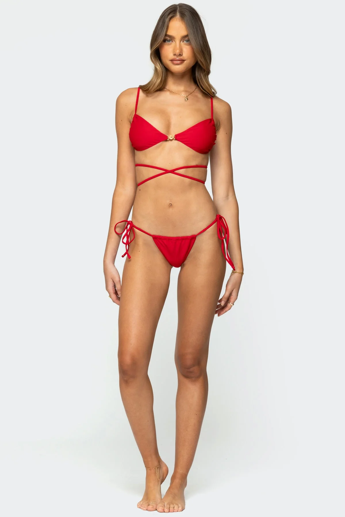 Adjustable Side Tie Red Bikini Bottom for Women