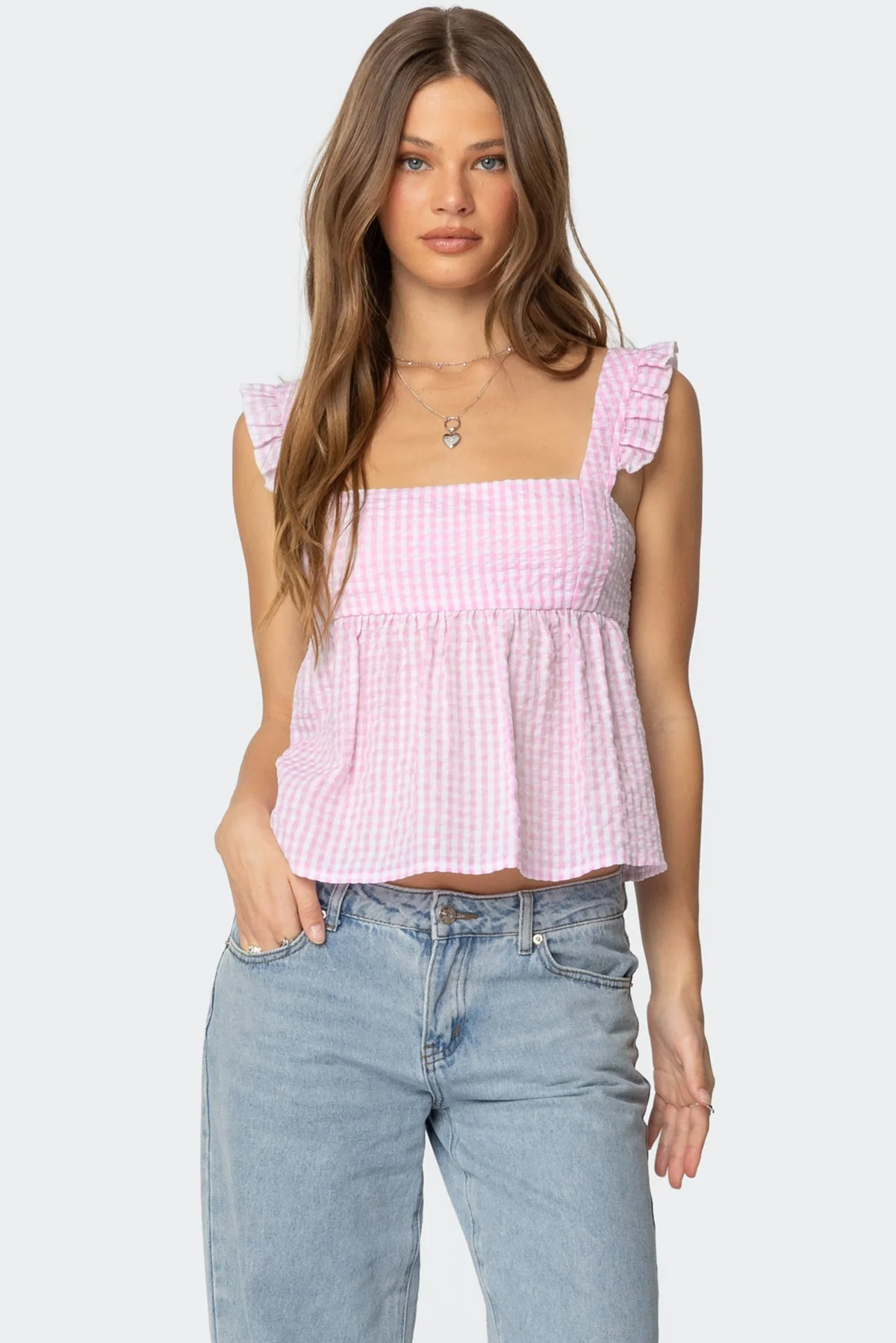 Pink Gingham Sleeveless Top with Back Tie Closure