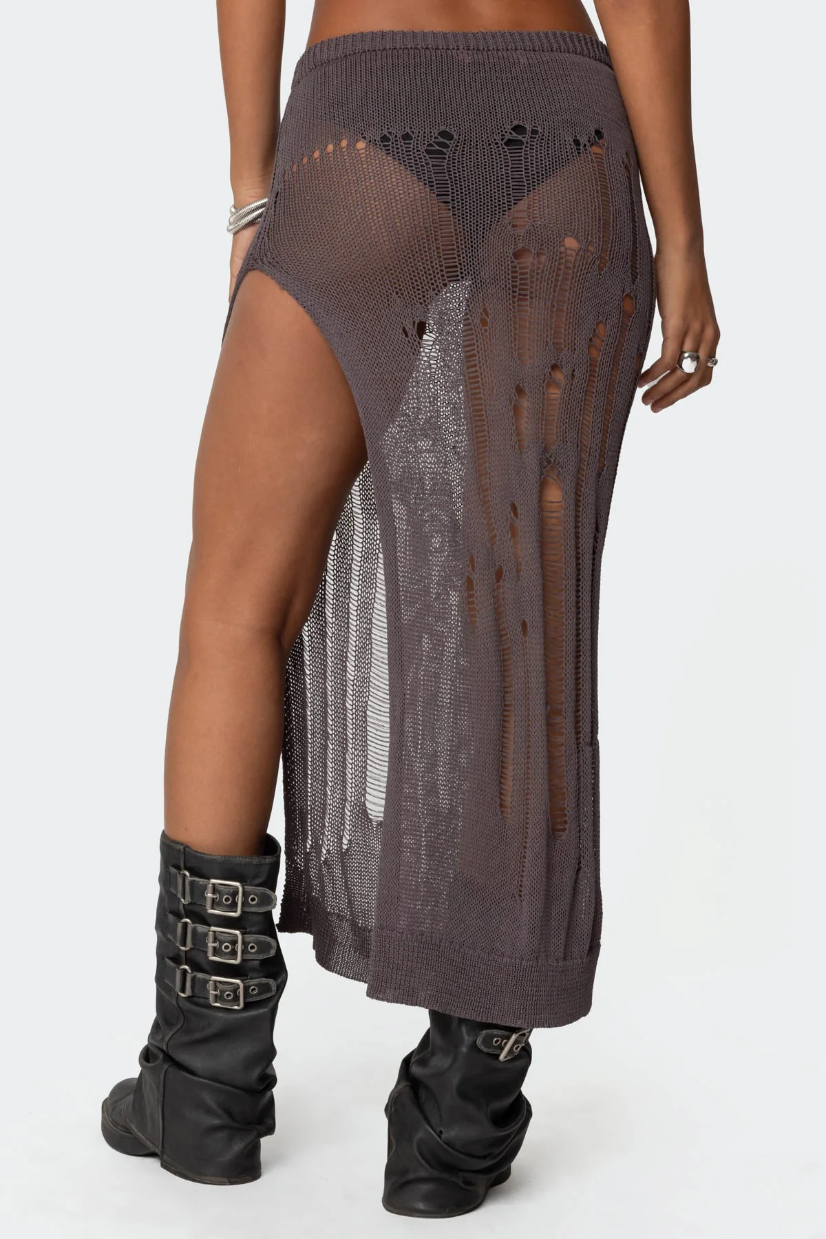 Distressed Knit Maxi Skirt Brown Side Slit Set