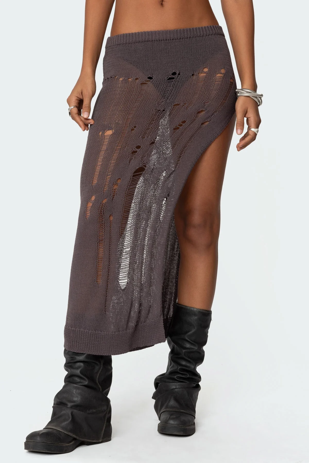 Distressed Knit Maxi Skirt Brown Side Slit Set