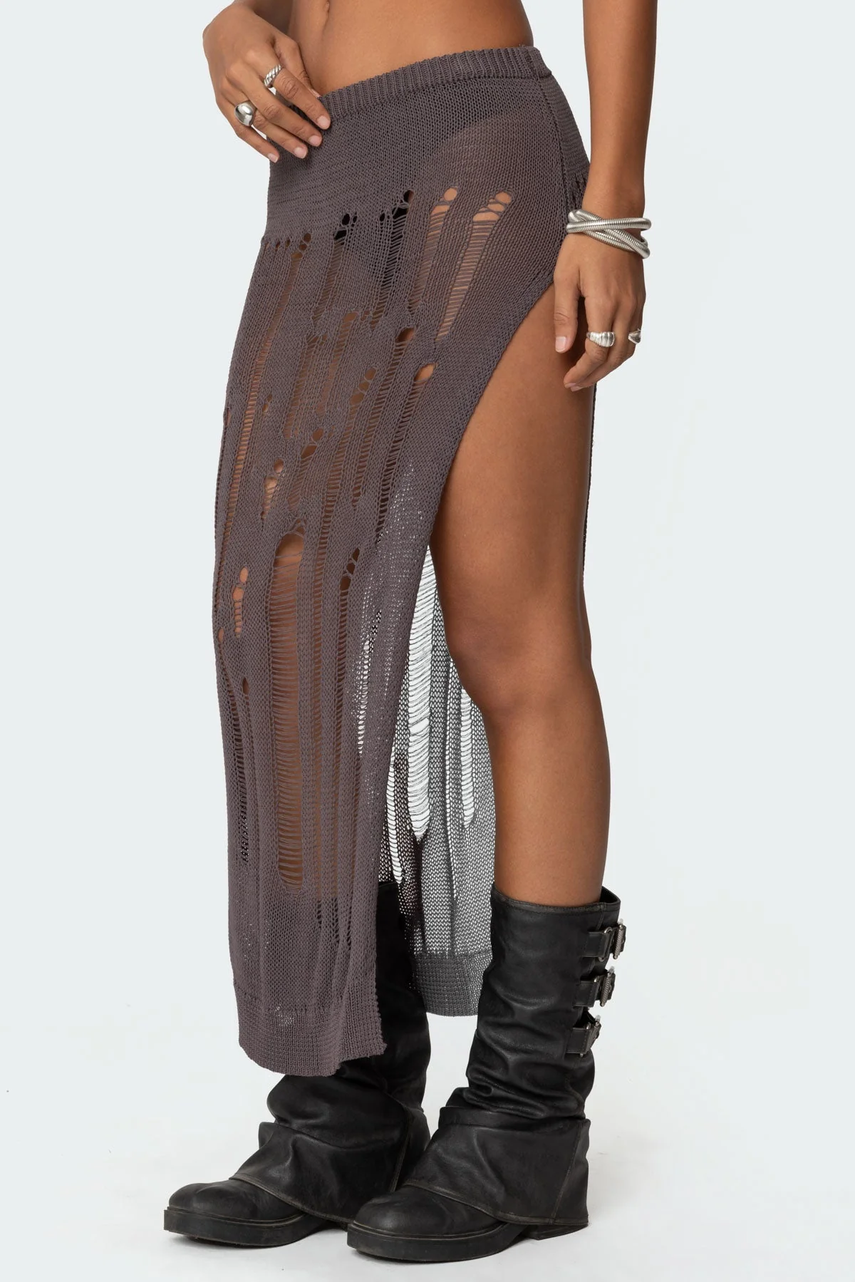 Distressed Knit Maxi Skirt Brown Side Slit Set