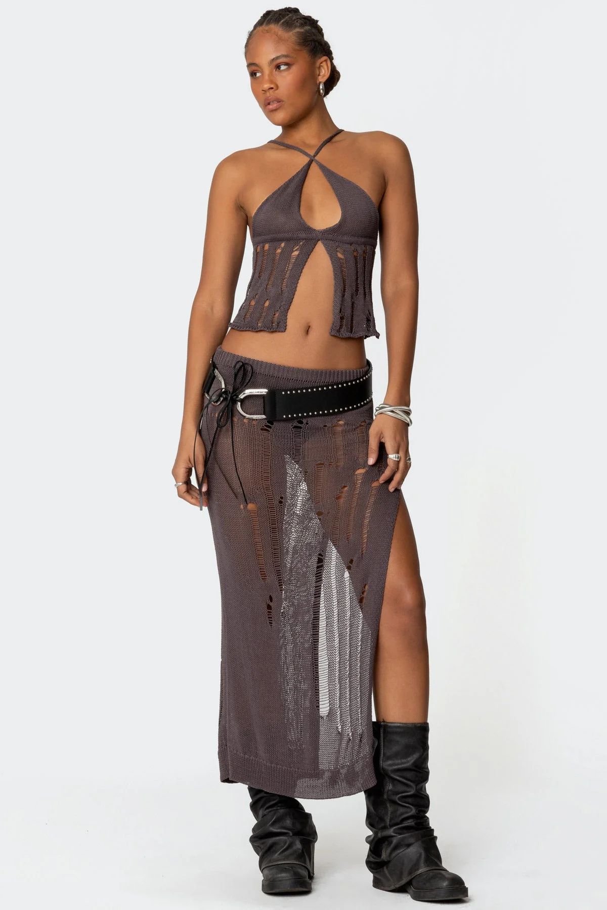 Distressed Knit Maxi Skirt Brown Side Slit Set