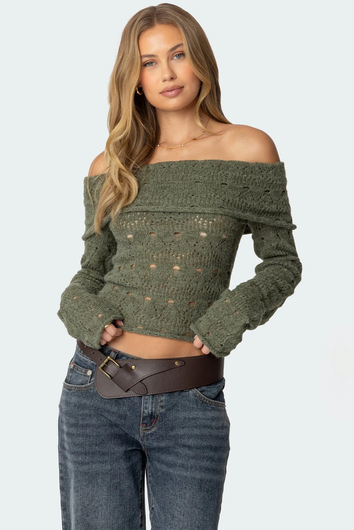 Green Fold Over Knit Sweater