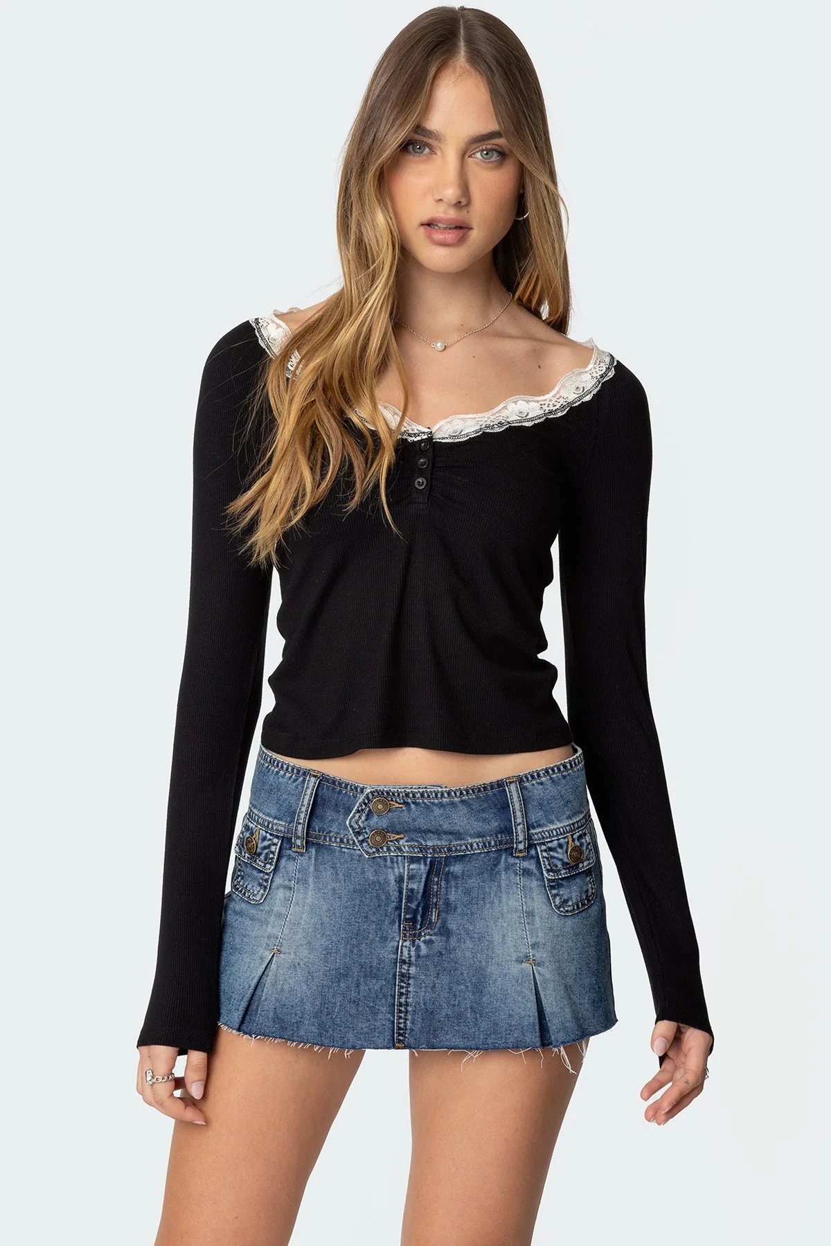 Black Lace Trim V-Neck Top
