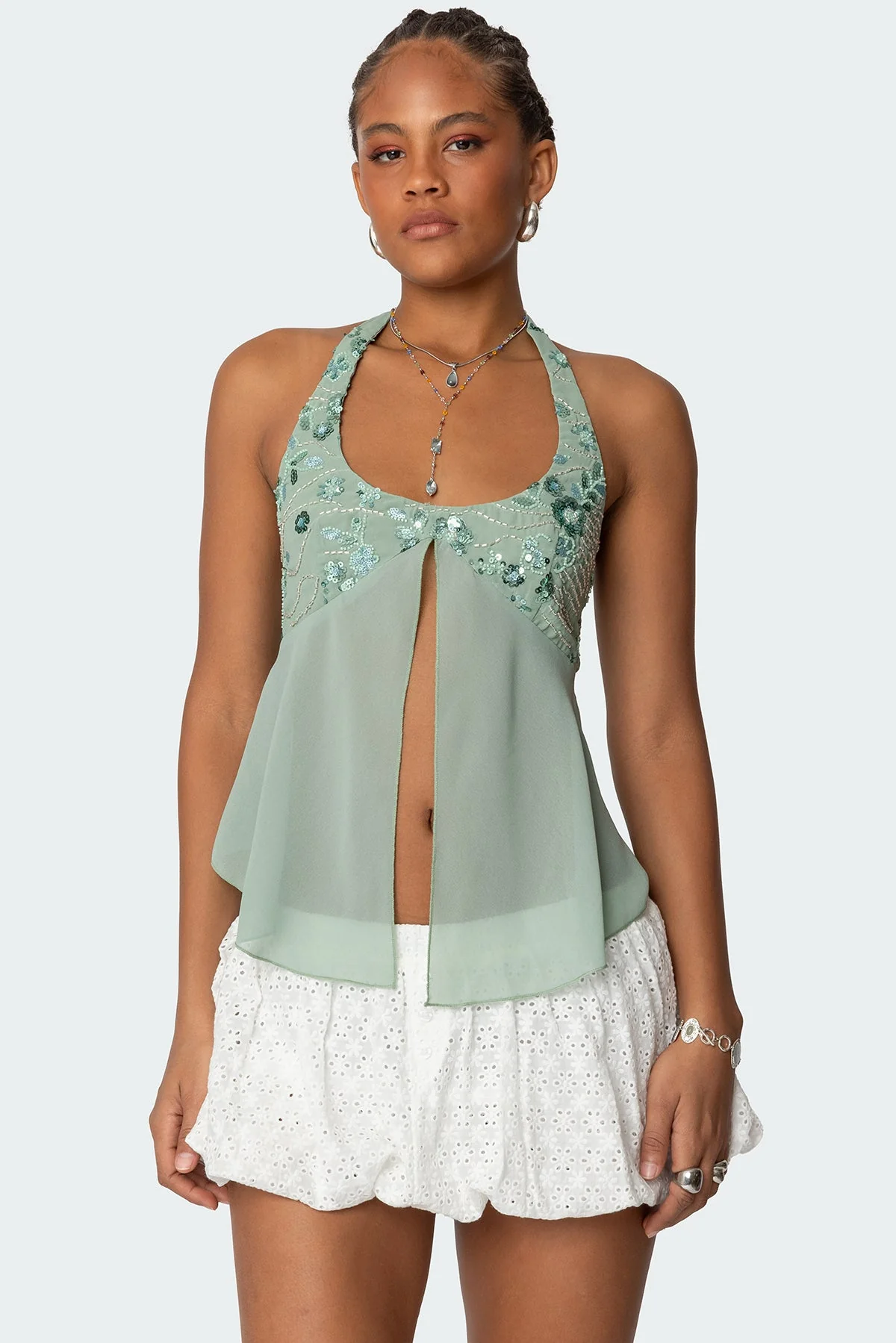 Chiffon Sequin Split Front Halter Top in Sage Green