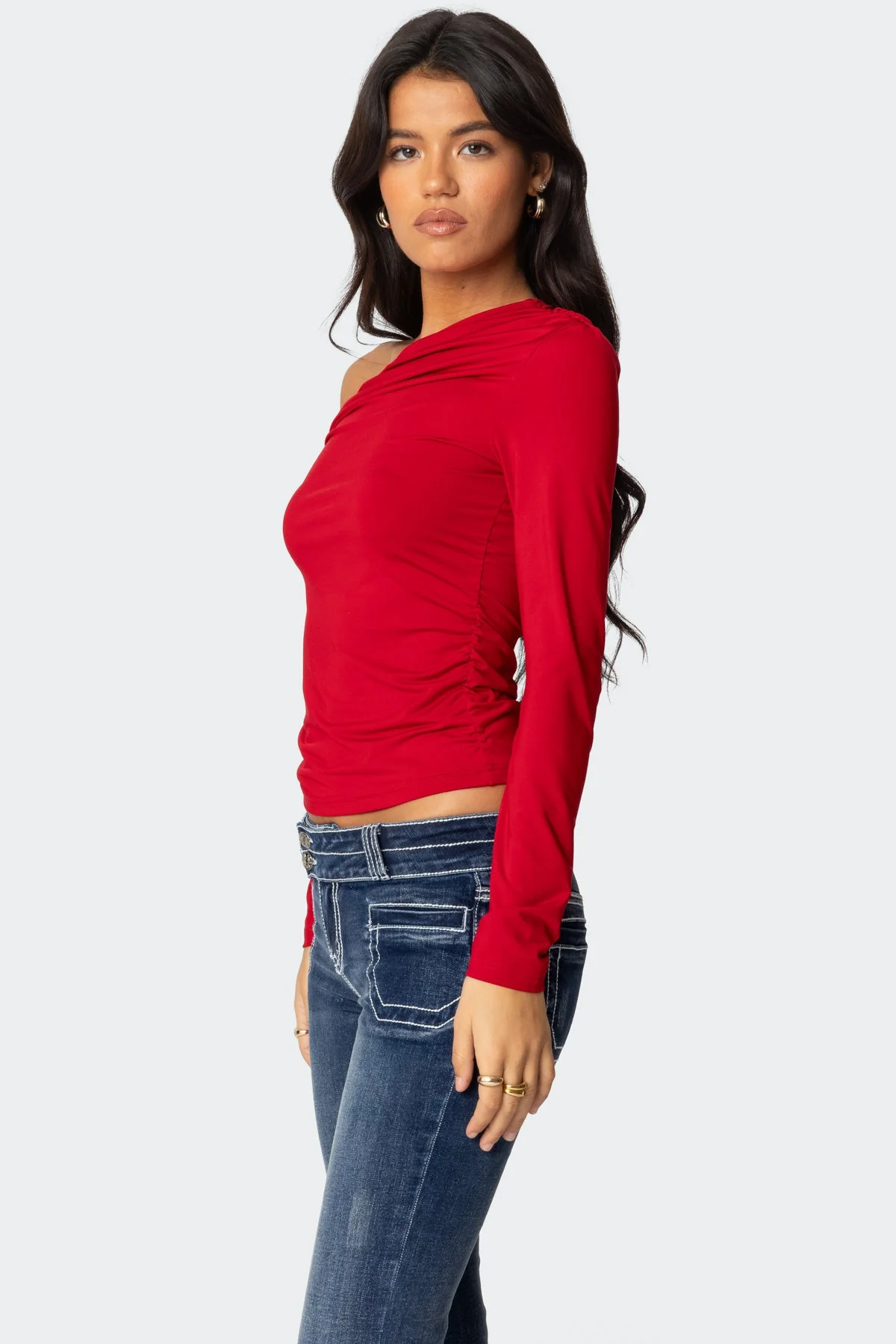 Red Asymmetric Long Sleeve Top for Women