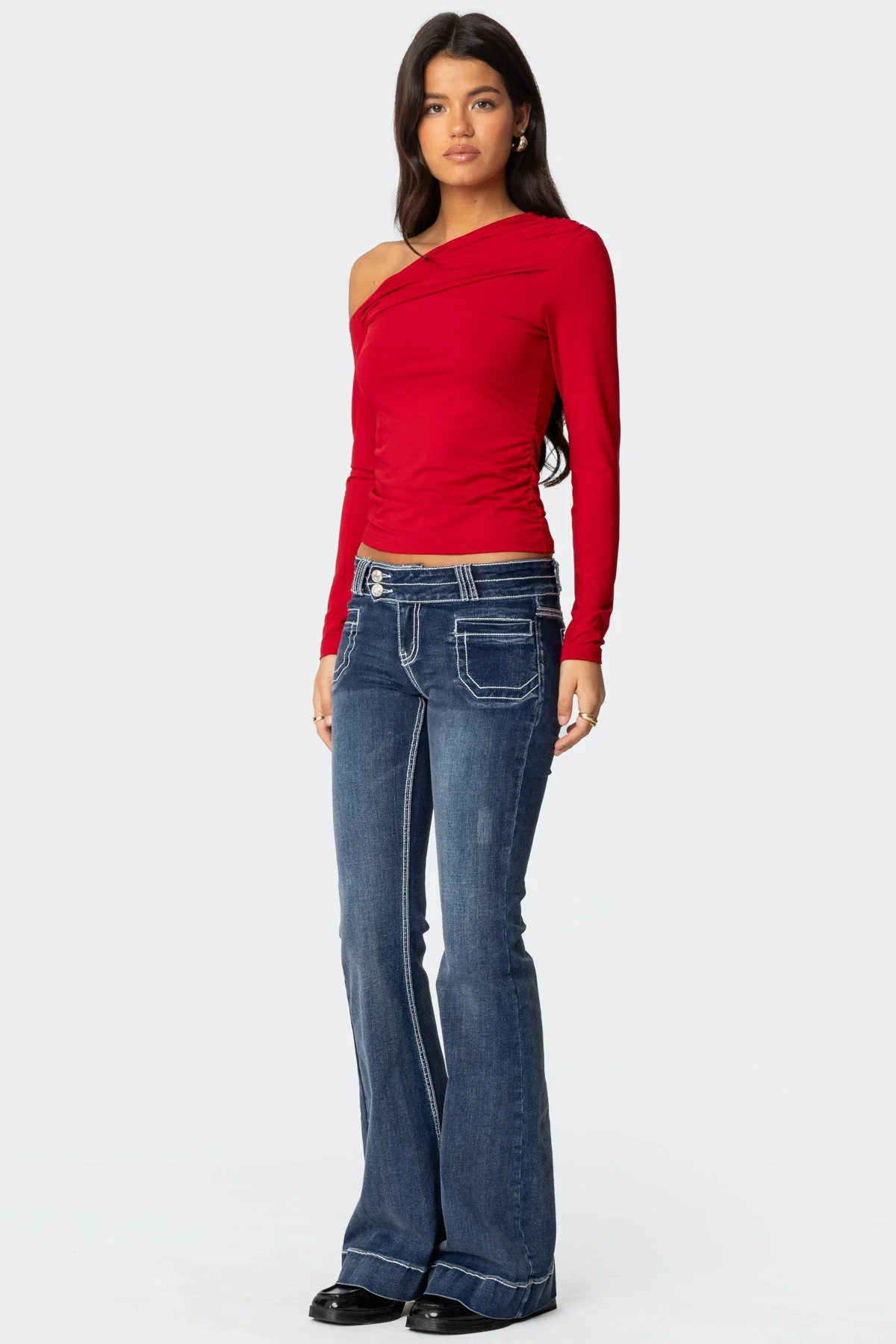 Red Asymmetric Long Sleeve Top for Women