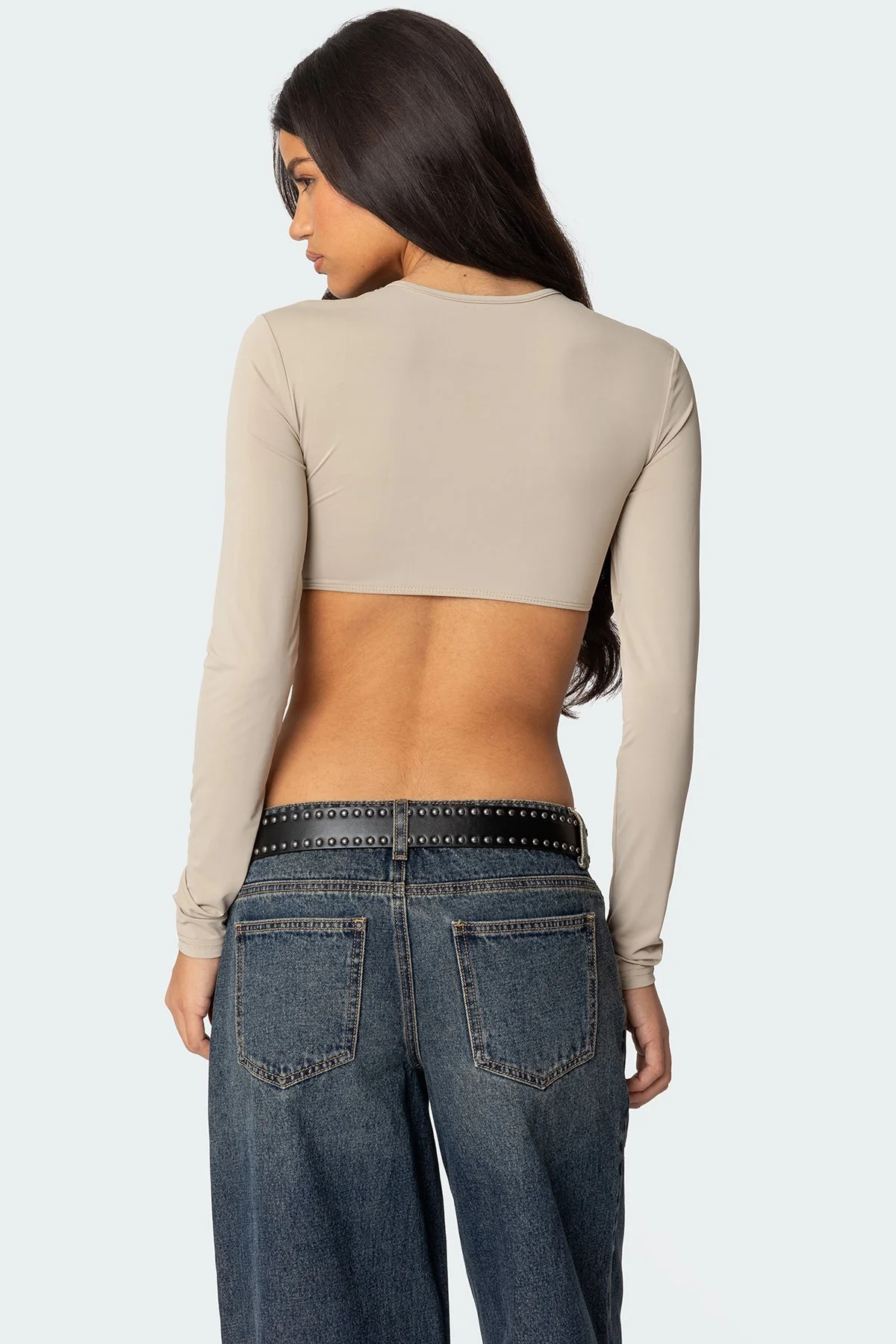 Beige Gathered Long Sleeve Crop Top XS-XL