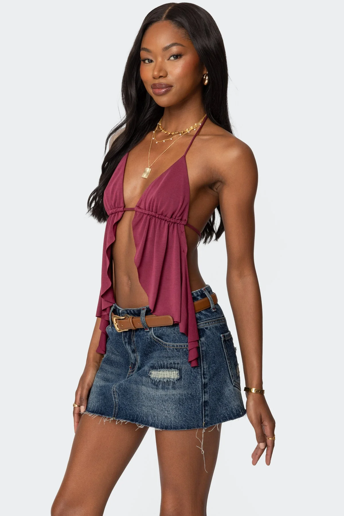 Burgundy Split Halter Backless Top Women
