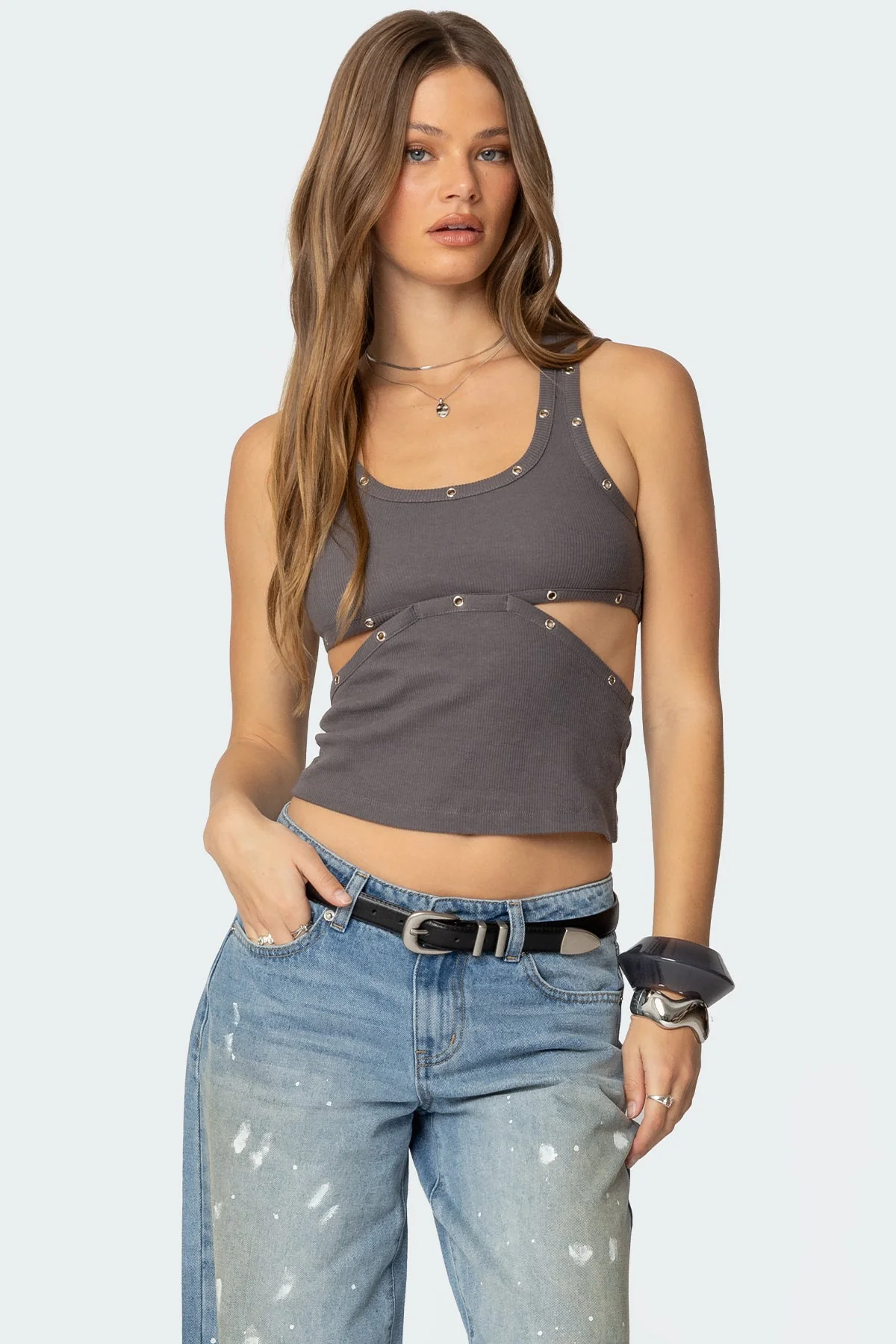 Ribbed Gray Tank Top with Cut Out Design