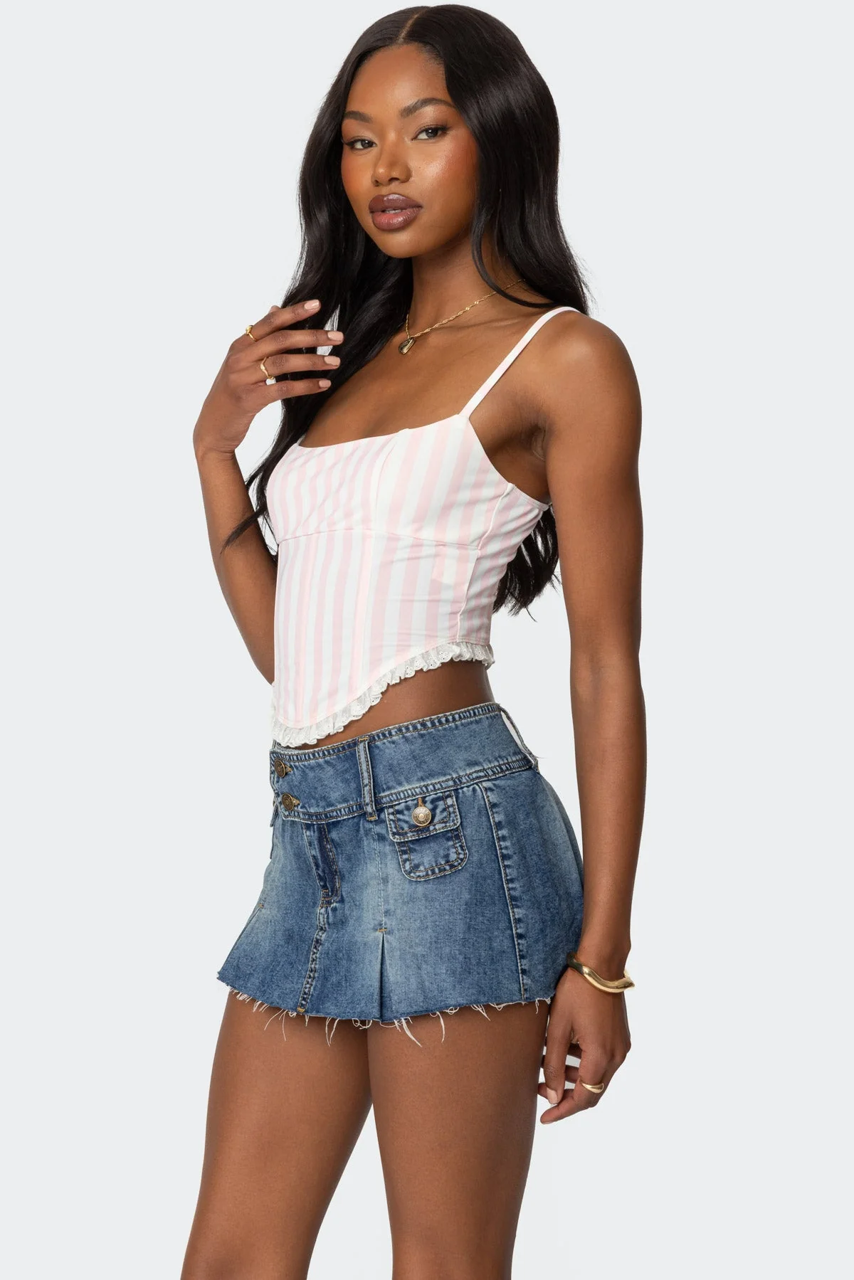 Light Pink Striped Corset Dress Corseted Bodice Lace-Up Back