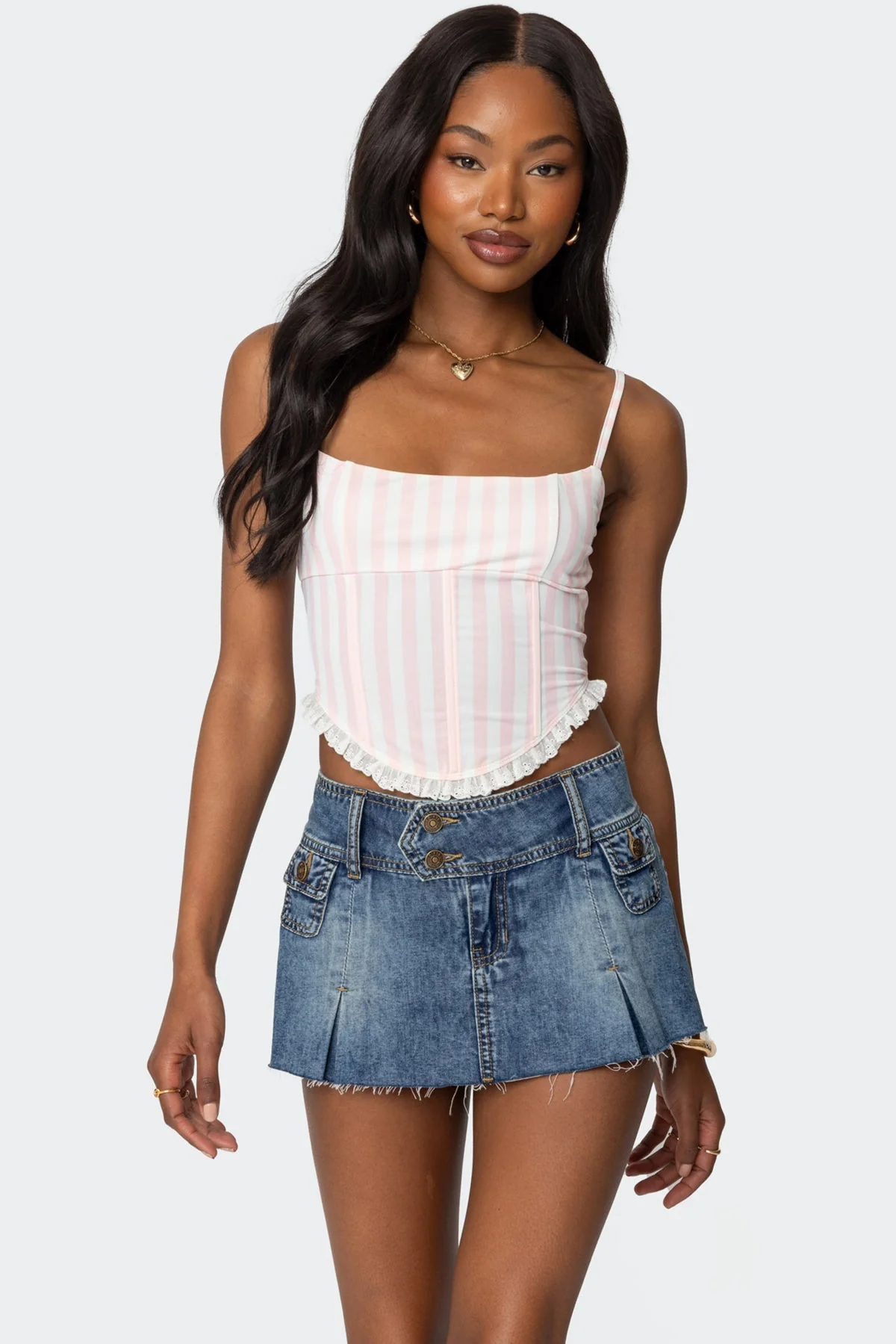 Light Pink Striped Corset Dress Corseted Bodice Lace-Up Back