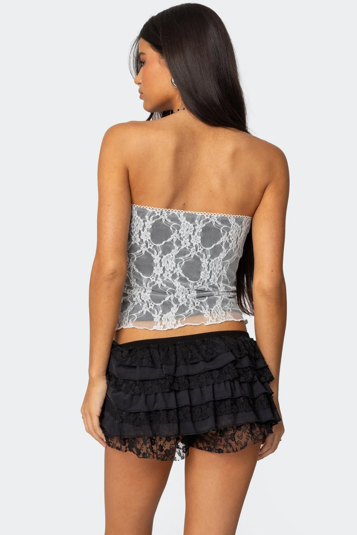 Lace Tube Top with Frill Trim and Rose Applique