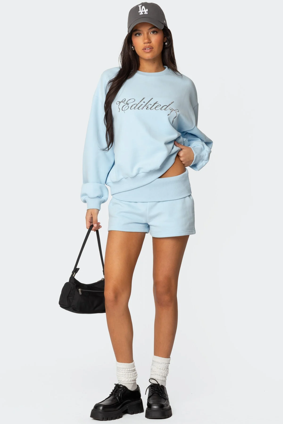 Light Blue Cotton Blend Fold Over Sweat Shorts