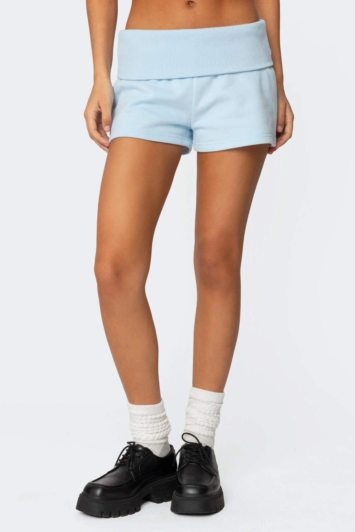 Light Blue Cotton Blend Fold Over Sweat Shorts