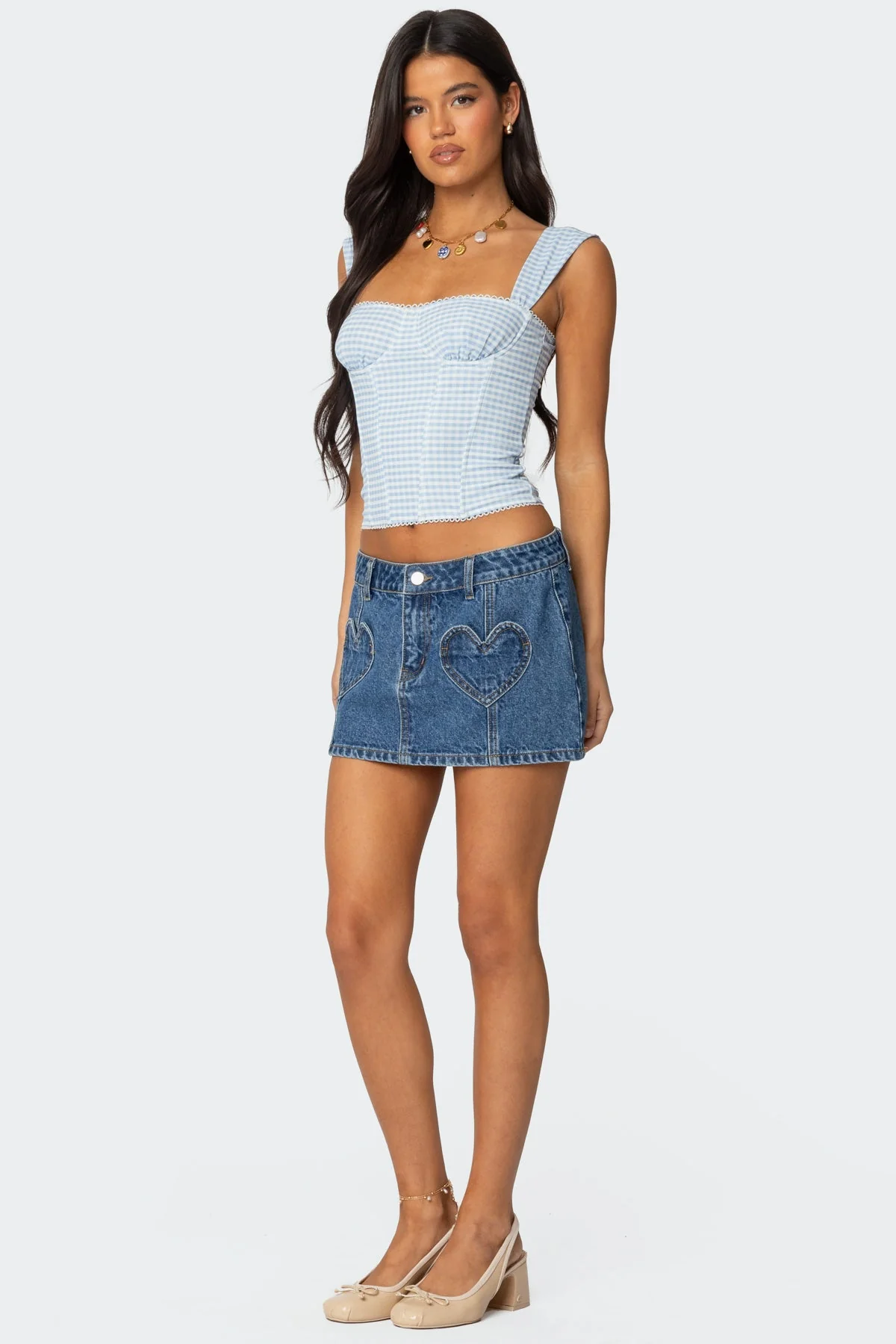 Blue Washed Denim Mini Skirt - Heart Pocket Detailing