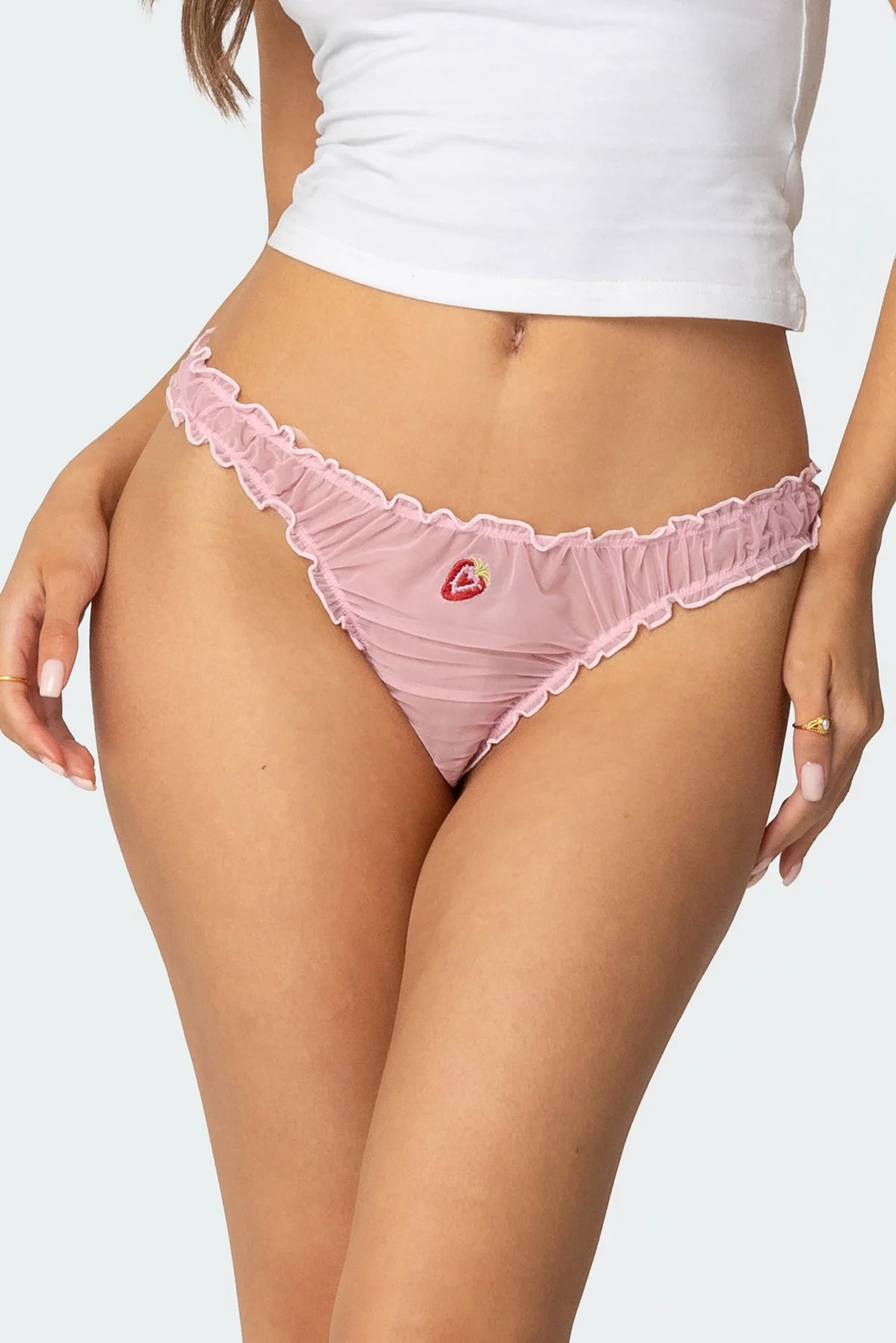 Pink Embroidered Strawberry Sheer Mesh Thong