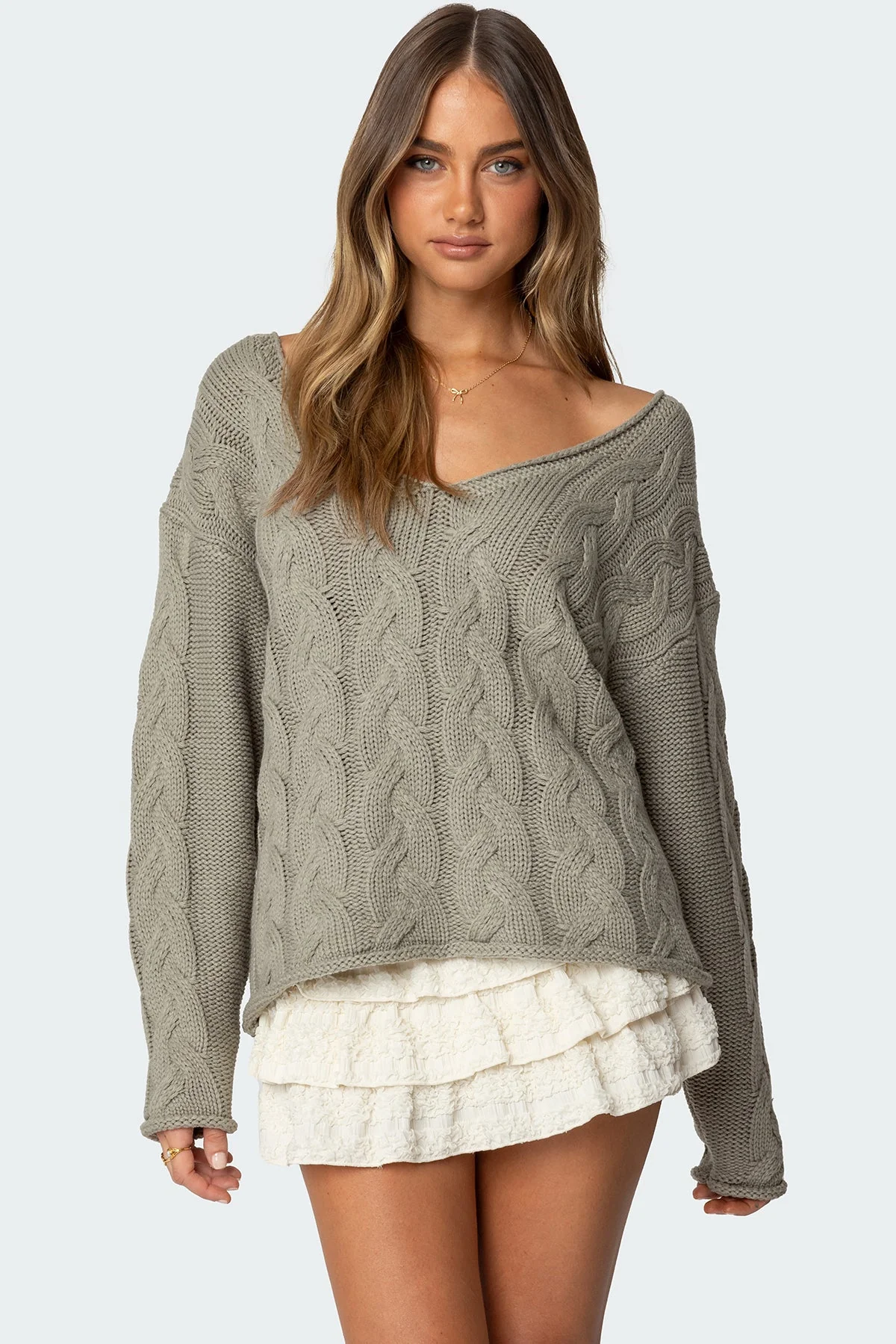 Olive Cable Knit Sweater - Oversized Style