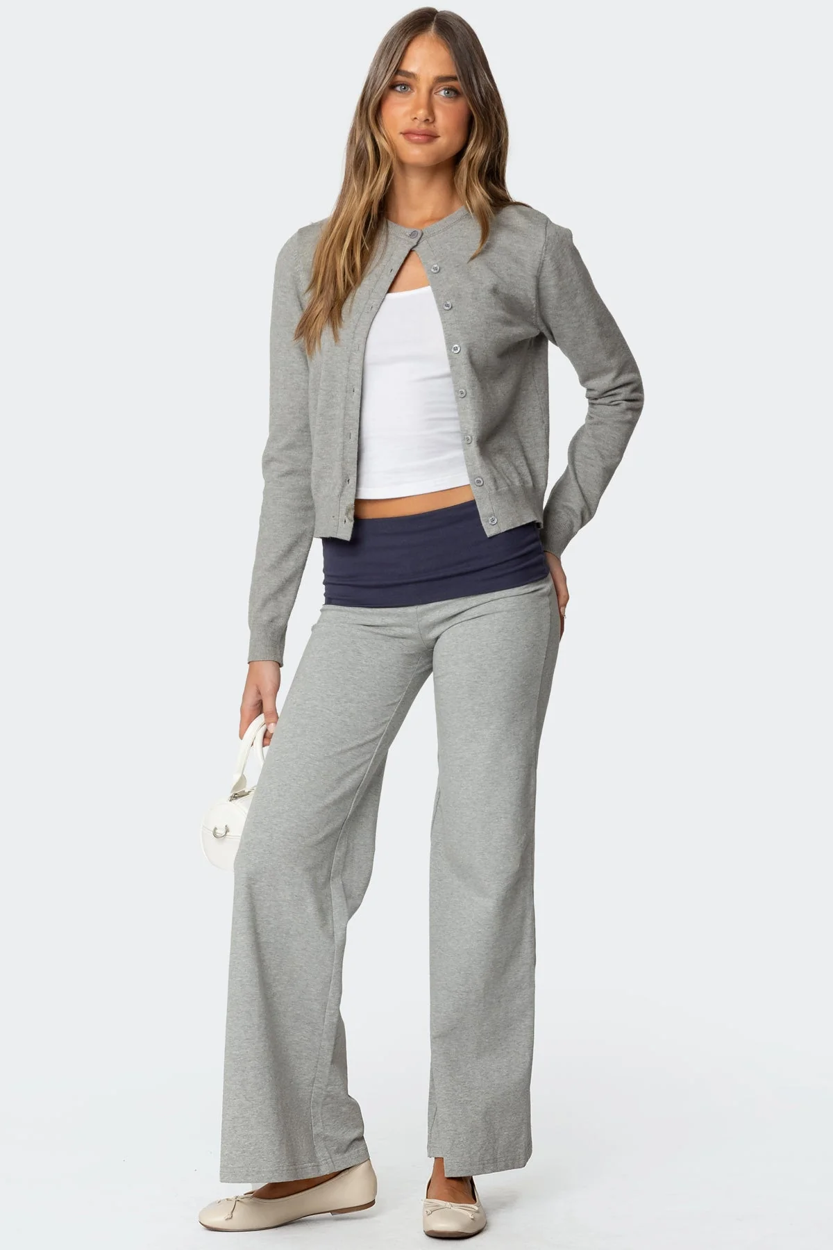 Gray Melange Wide Leg Fold Over Pants