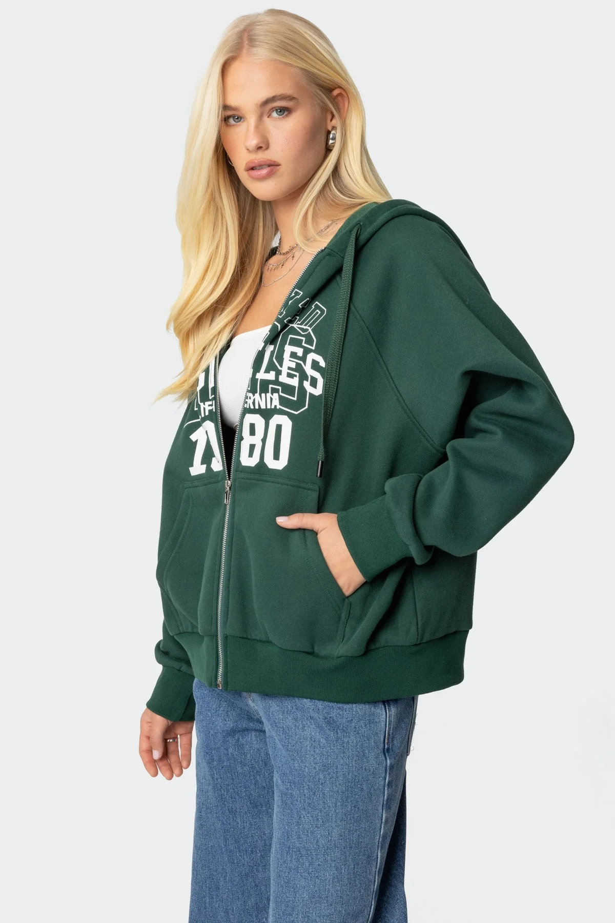 Dark Green Oversized Zip-Up Hoodie for Women