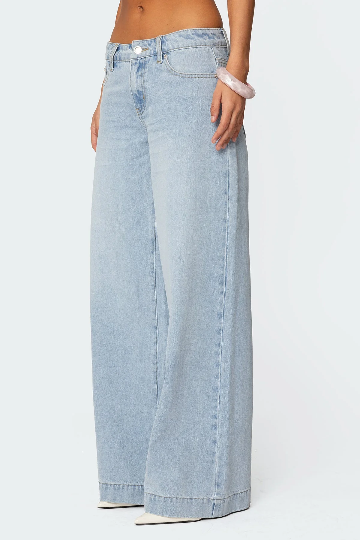 Lace-Up Back Wide Leg Denim Jeans in Light Blue