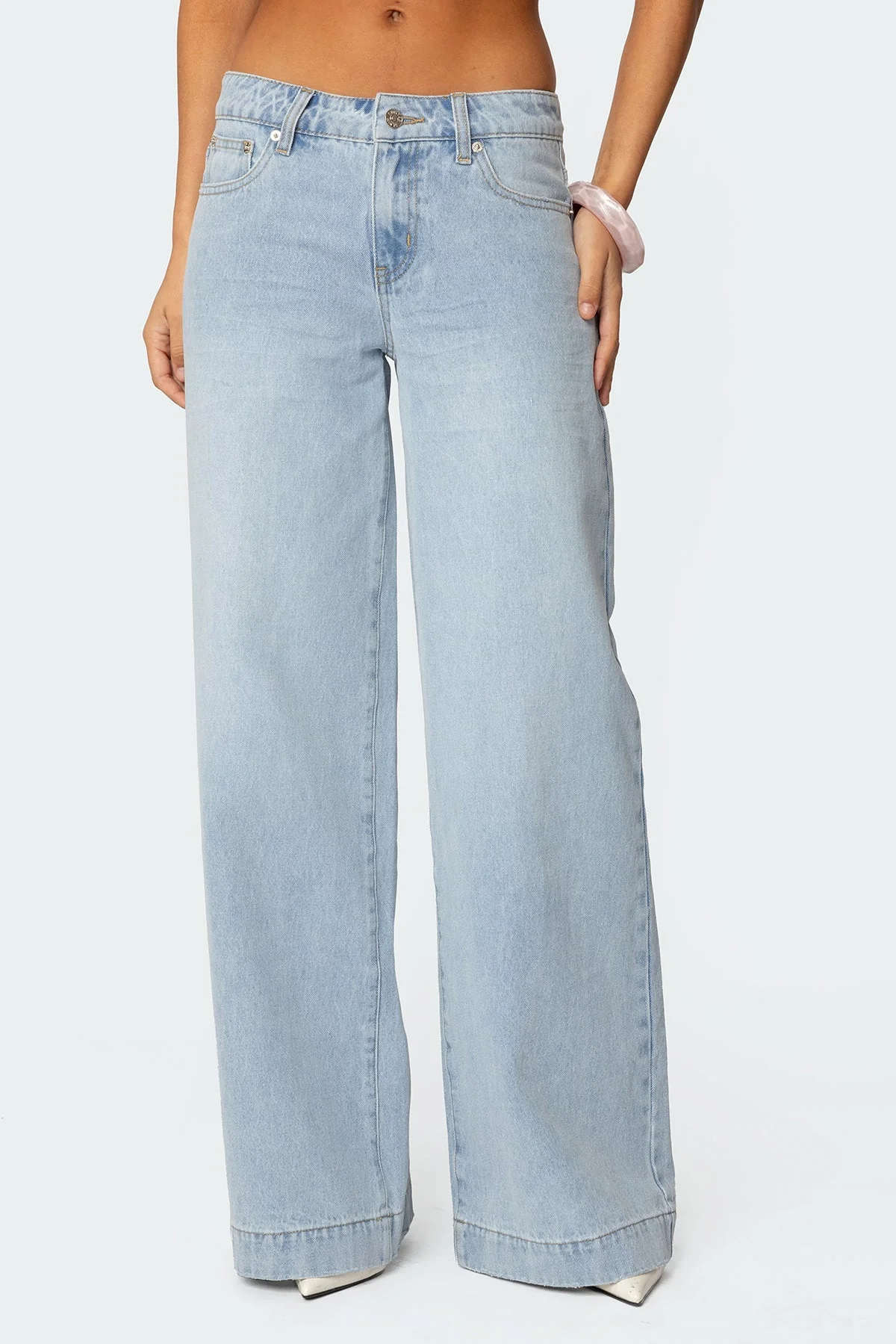 Lace-Up Back Wide Leg Denim Jeans in Light Blue