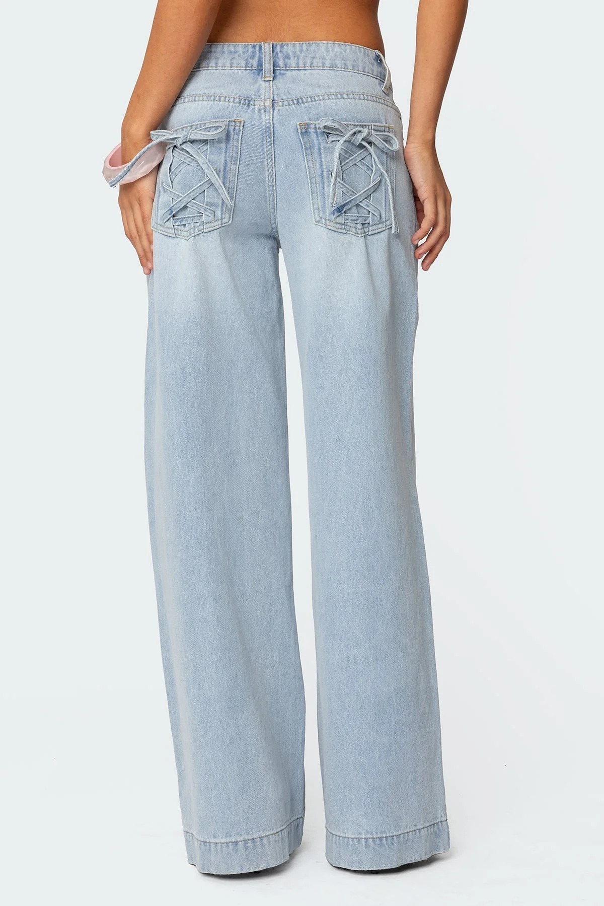 Lace-Up Back Wide Leg Denim Jeans in Light Blue