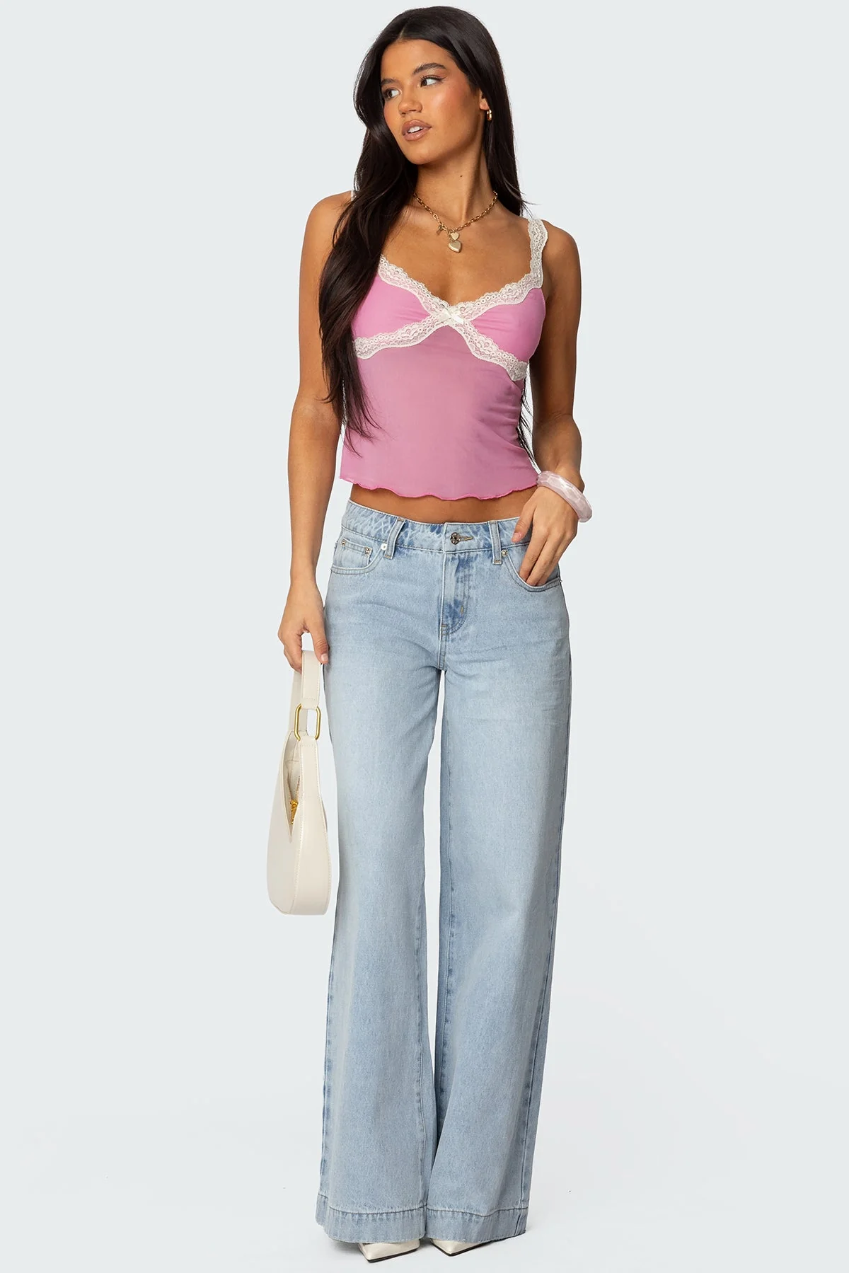 Lace-Up Back Wide Leg Denim Jeans in Light Blue