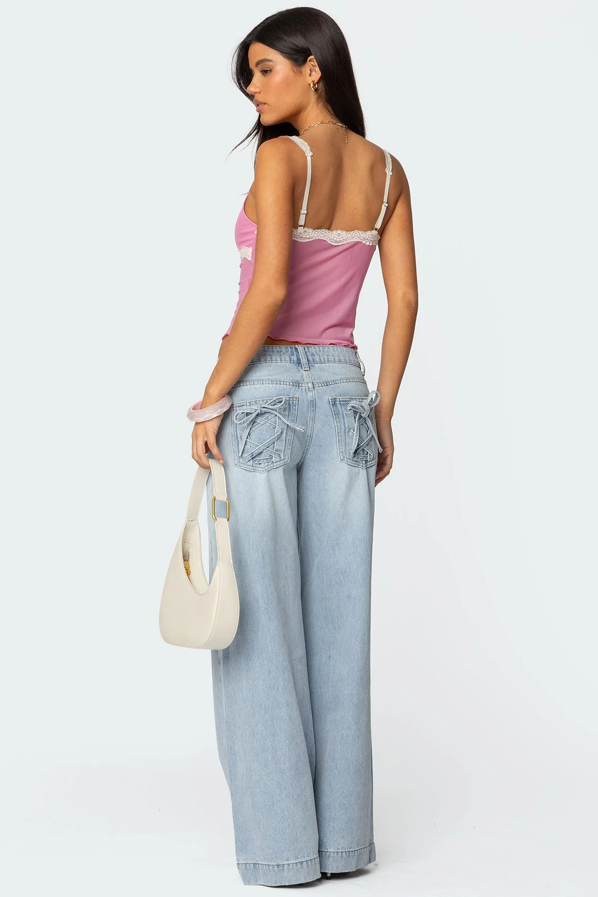 Lace-Up Back Wide Leg Denim Jeans in Light Blue