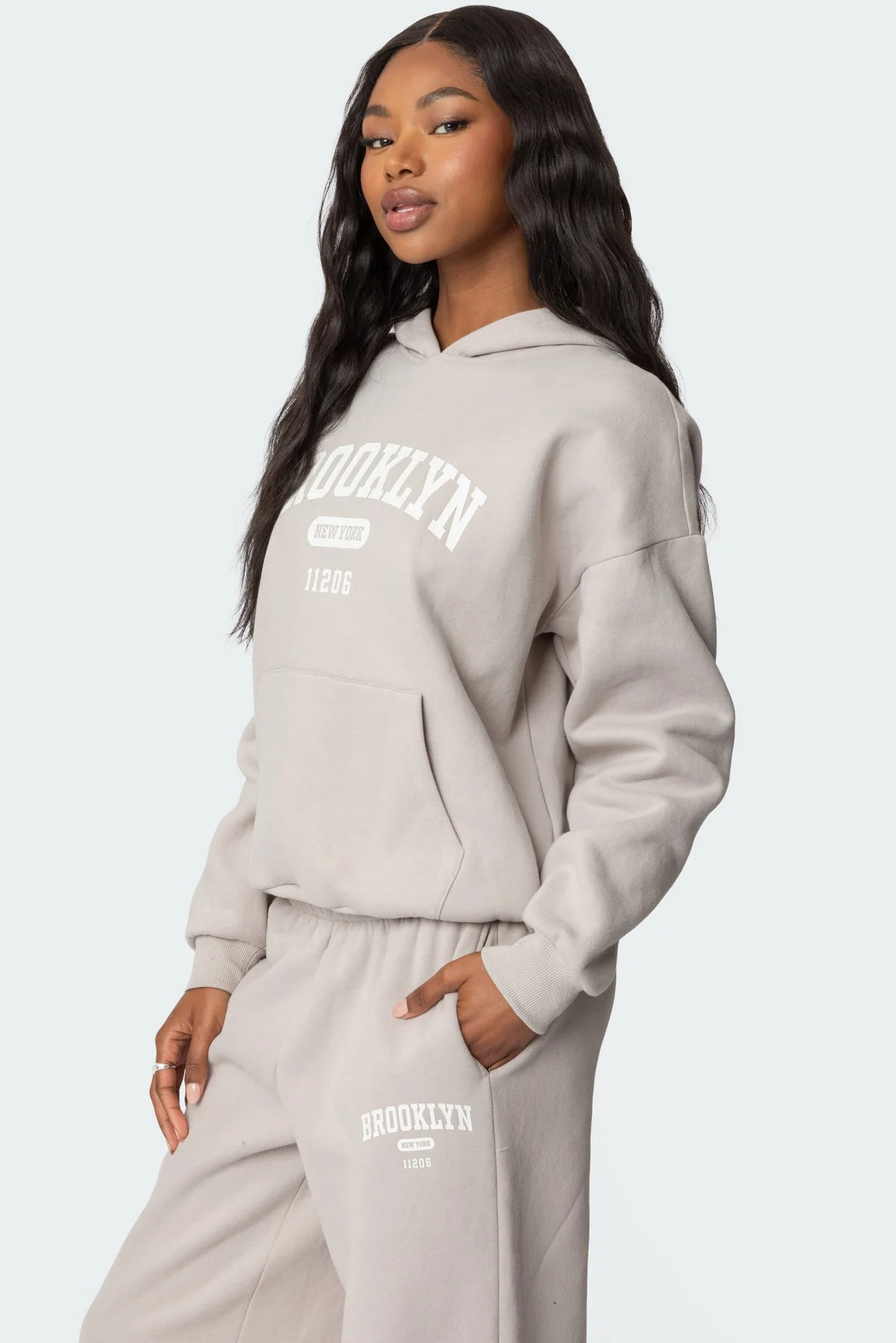 Beige Graphic Text Hoodie for Women