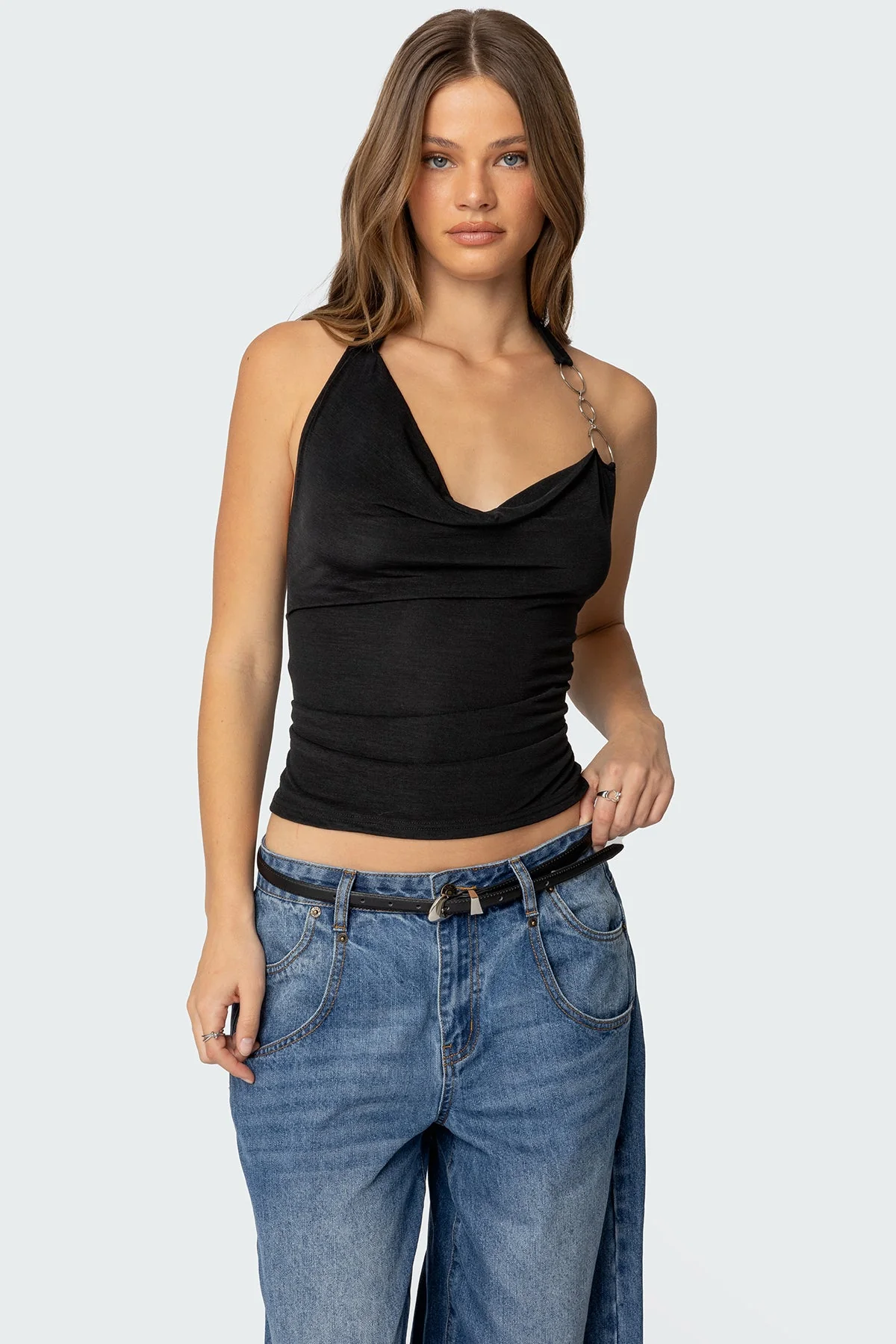 Black Cowl Neck Halter Top for Women
