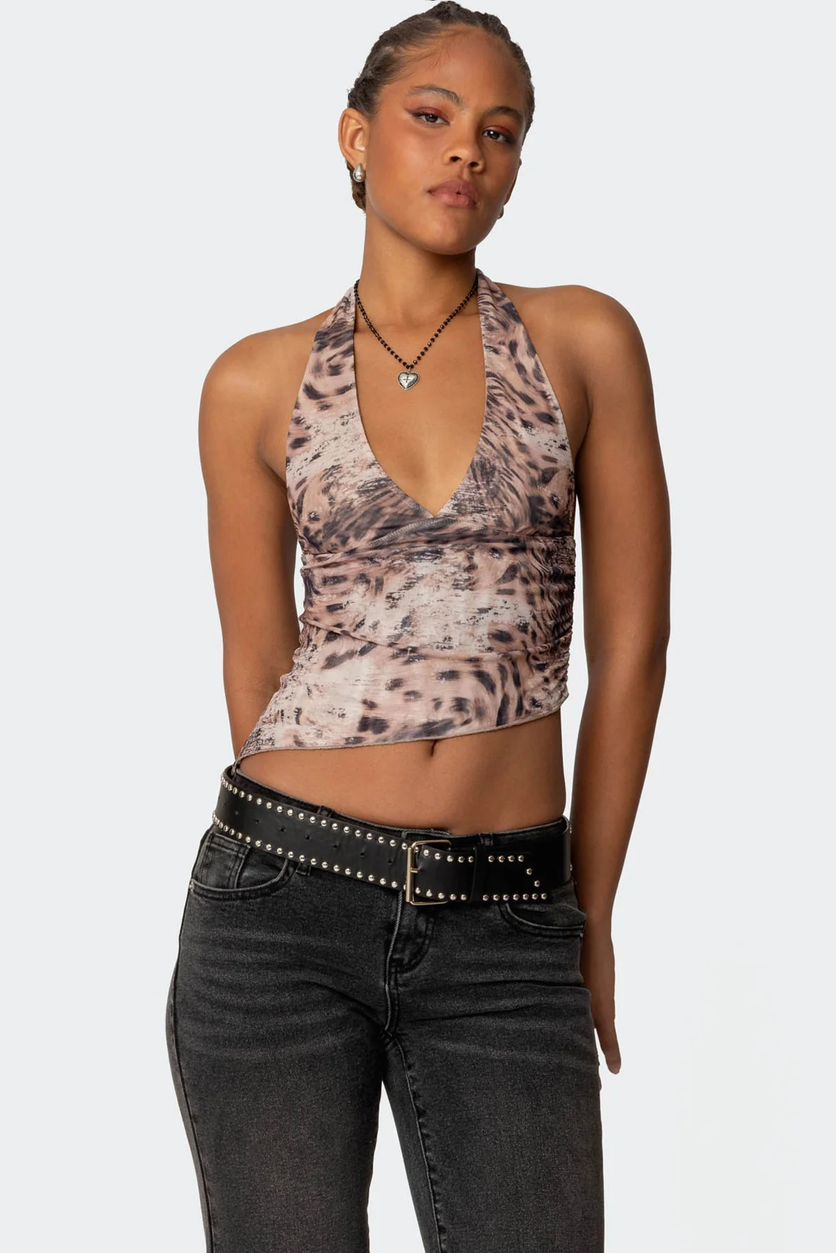 Leopard Print Mesh Halter Neck Top