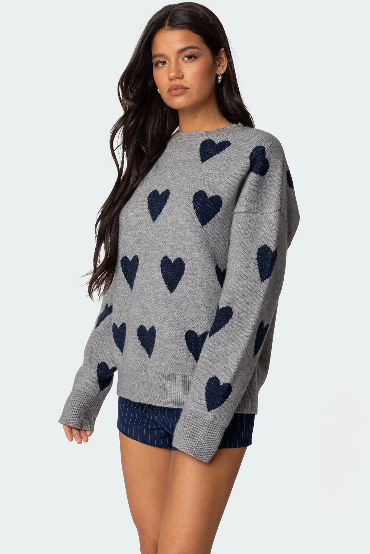 Cozy Gray Melange Knit Heart Sweater