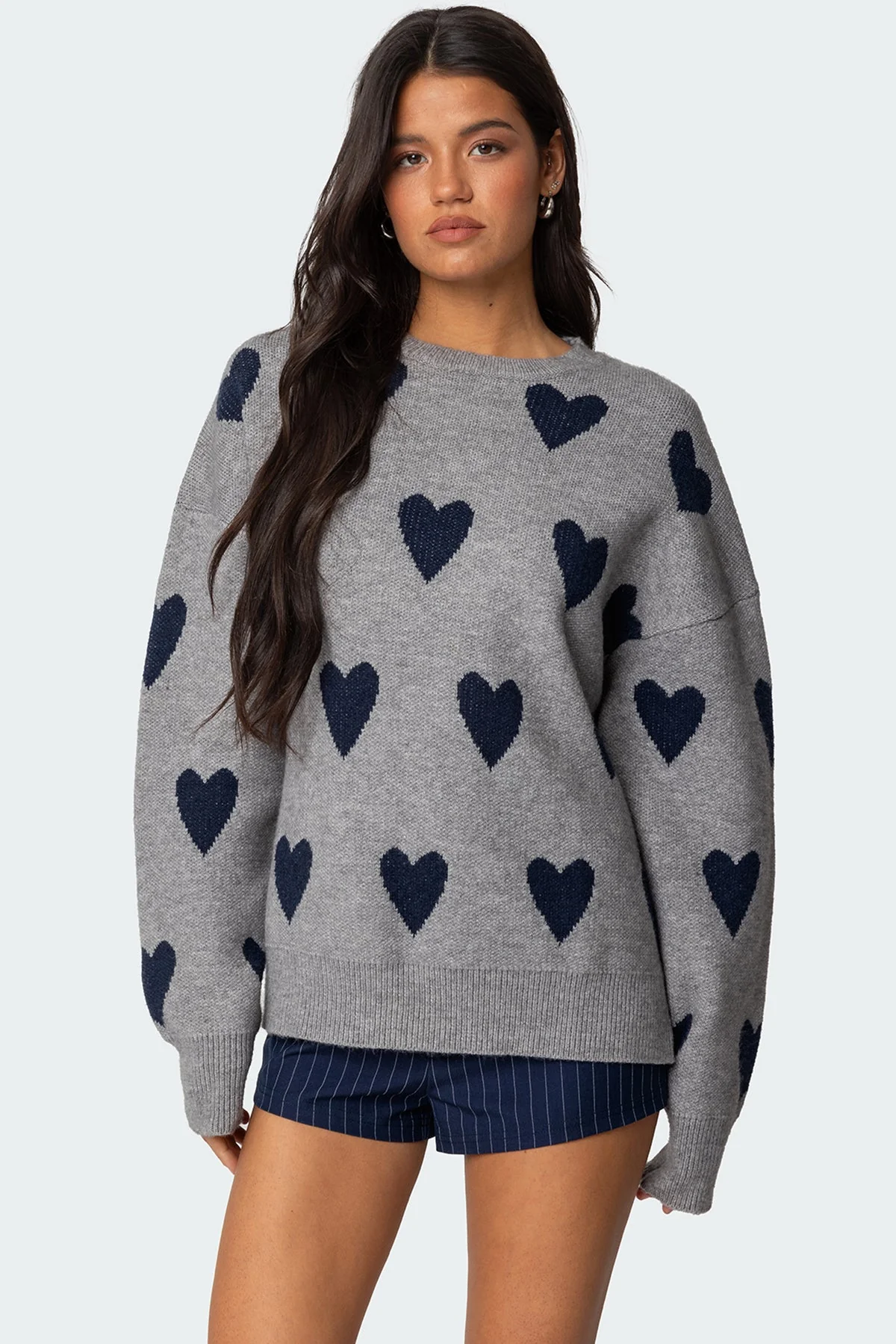 Cozy Gray Melange Knit Heart Sweater