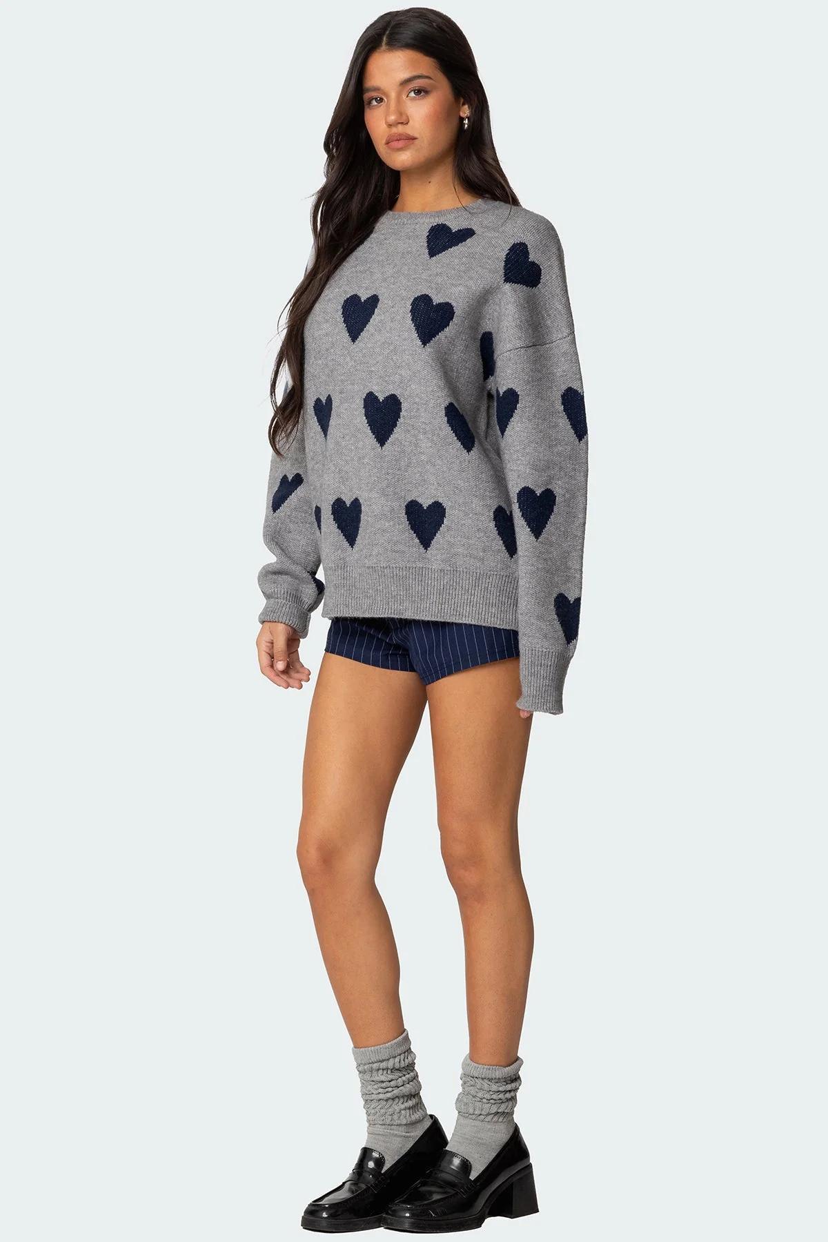 Cozy Gray Melange Knit Heart Sweater