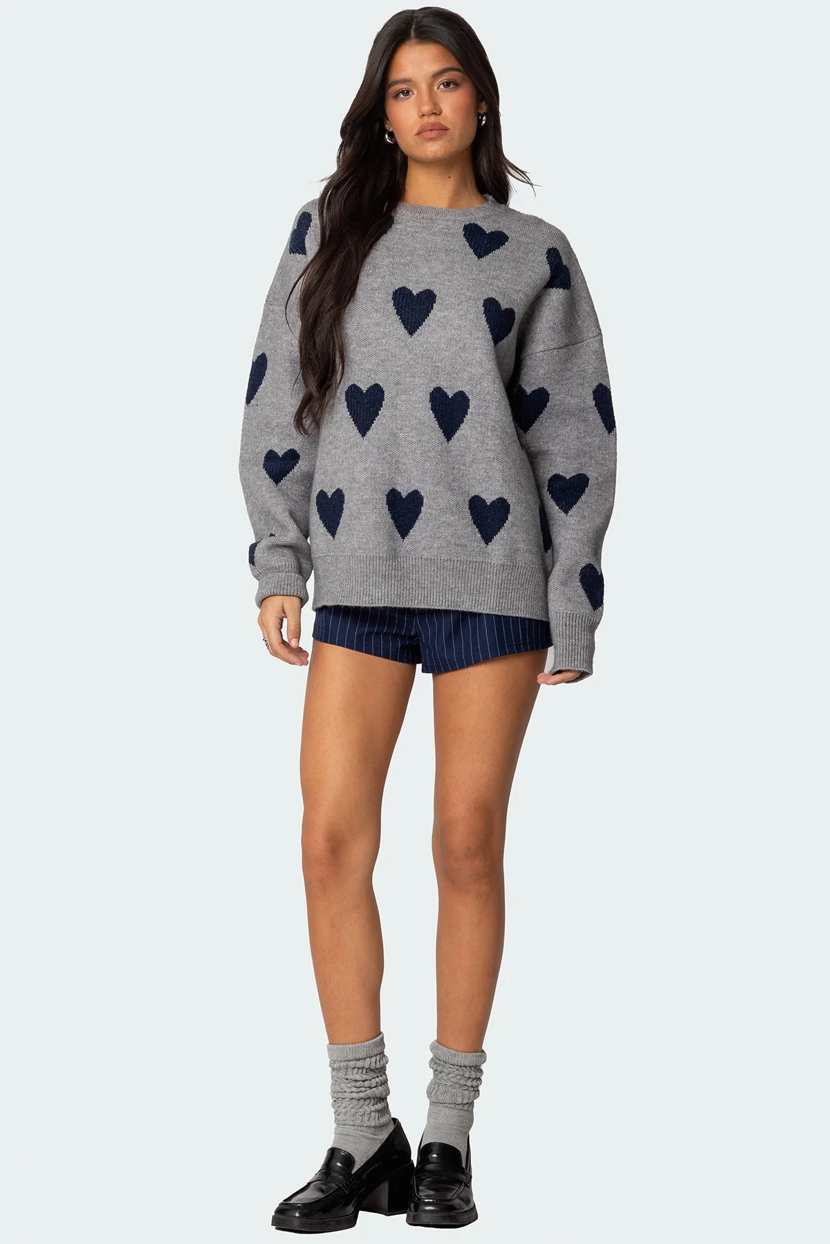 Cozy Gray Melange Knit Heart Sweater