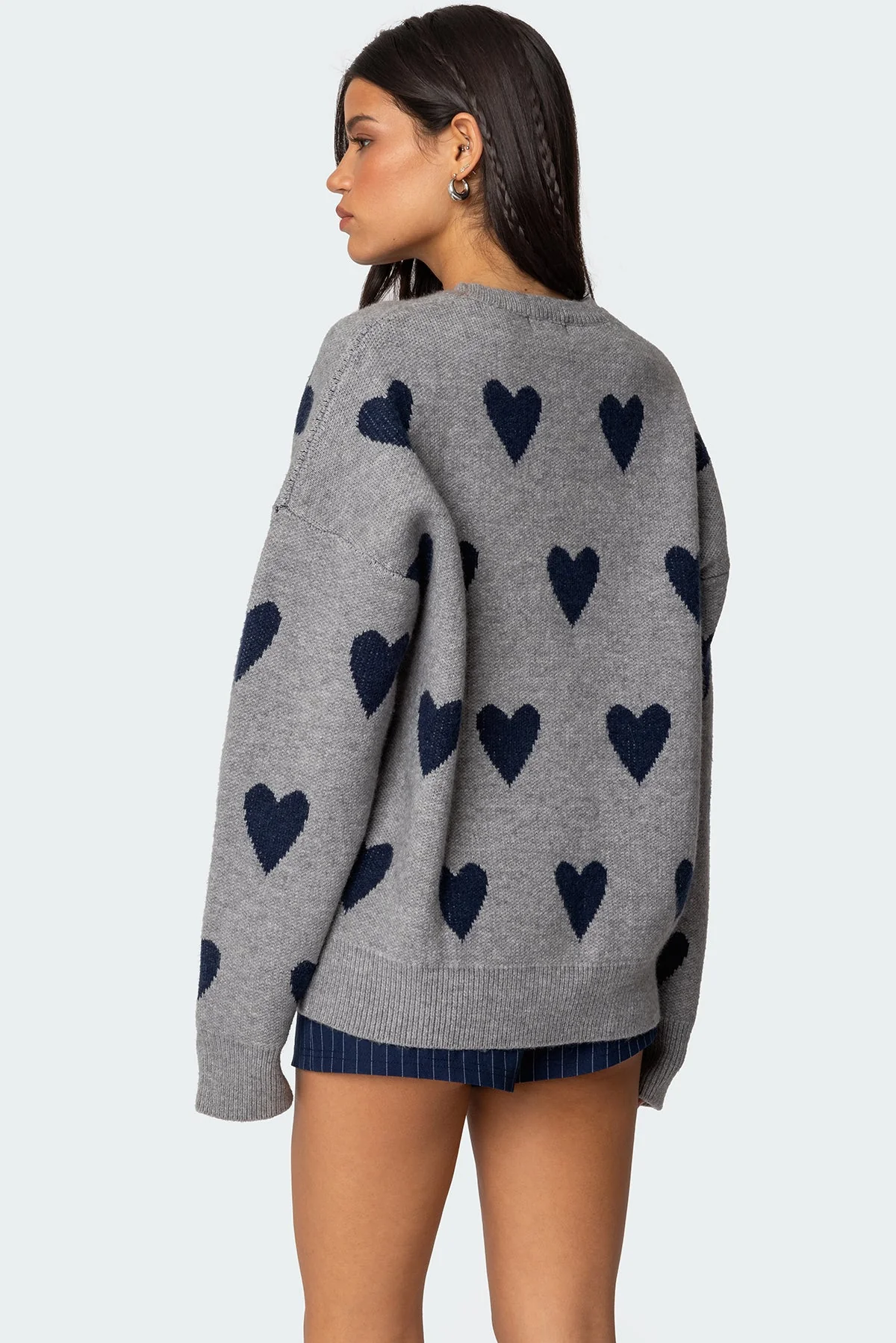 Cozy Gray Melange Knit Heart Sweater