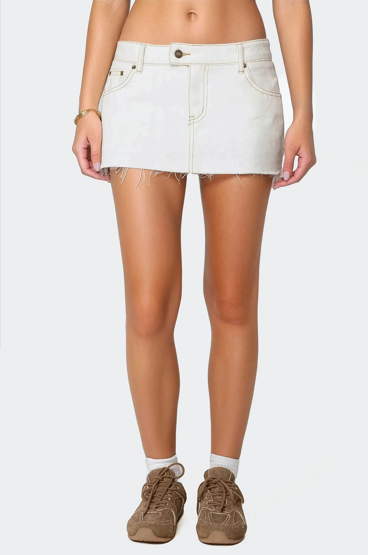 White Denim Mini Skort with Embroidered Bow Detailing