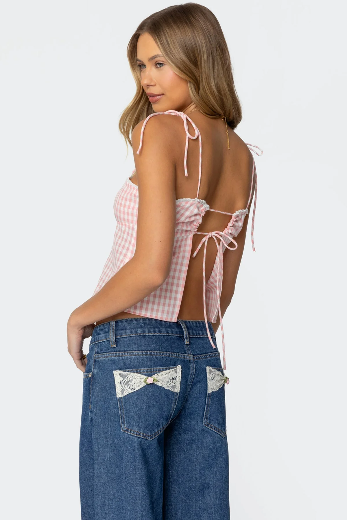 Light Pink Gingham Tie Back Top Womens Summer Shirt