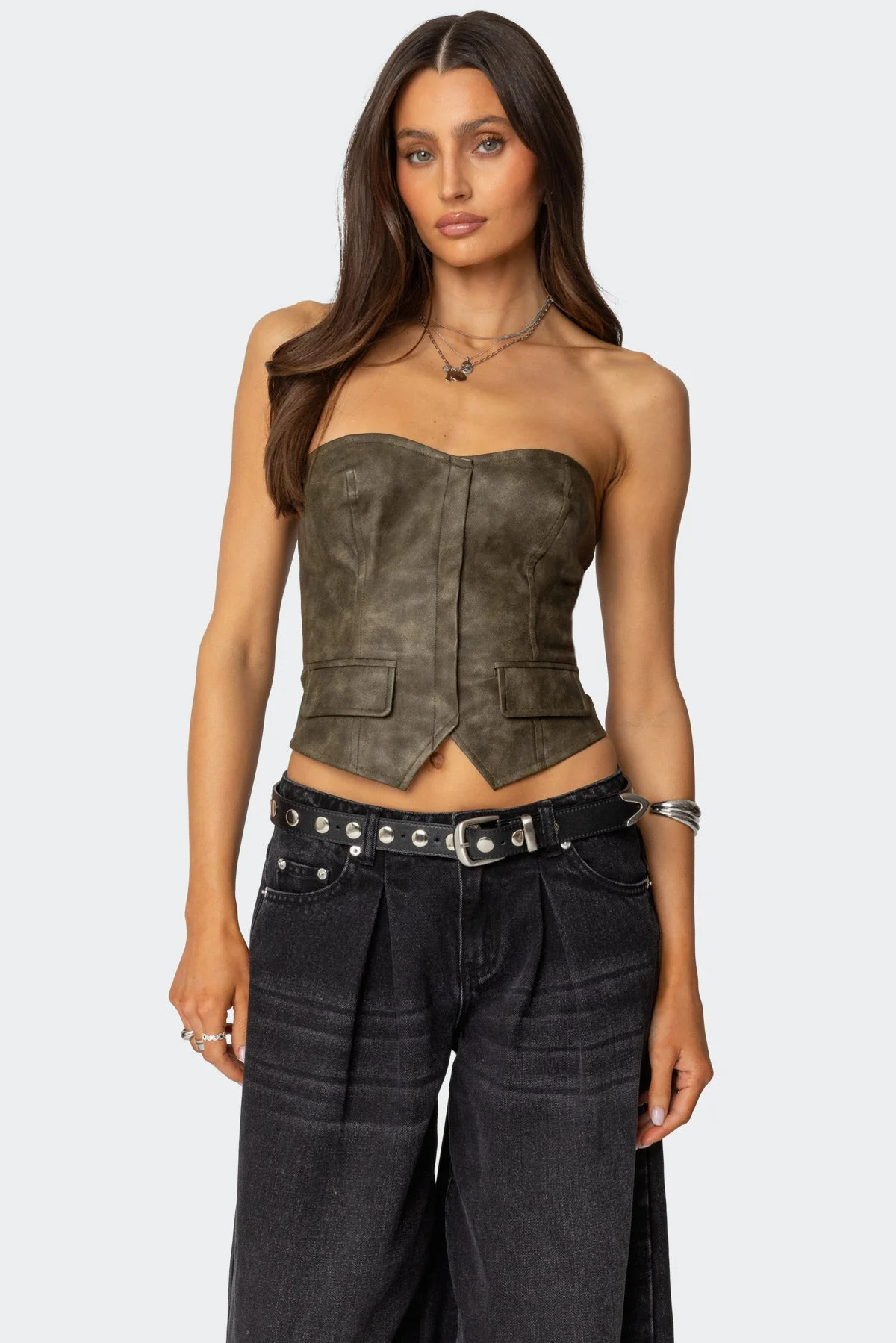 Dark Gray Faux Leather Corset for Women