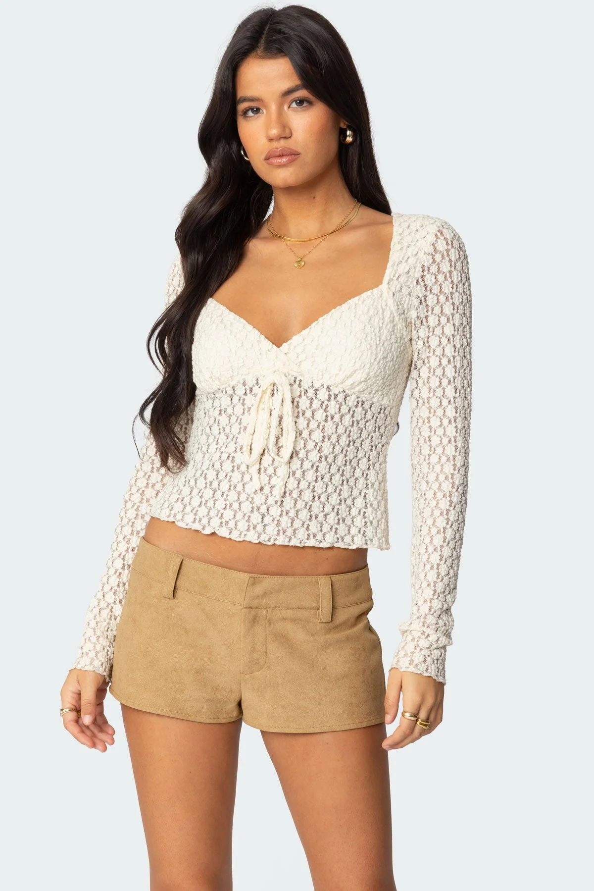 Textured Cream Lace-Up V-Neck Top for Women