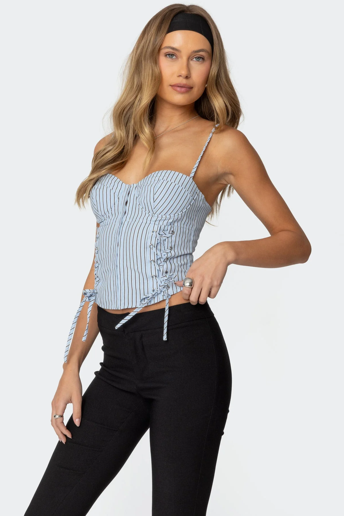 Light Blue Lace Up Pinstripe Corset - Adjustable Cupped Design